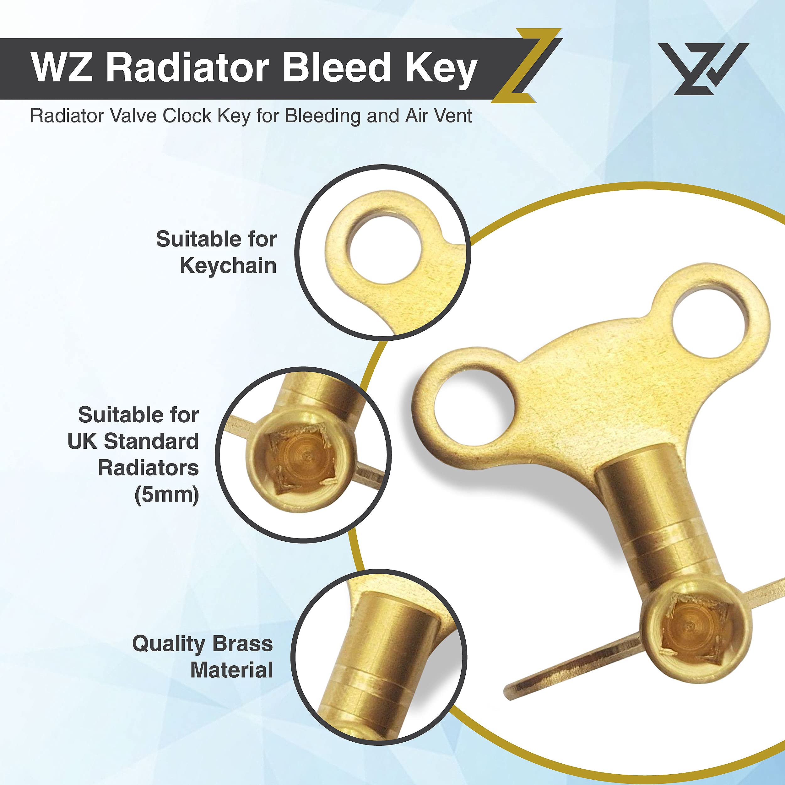 WZ Radiator Bleed Key- Radiator Valve Clock Key for Bleeding and Air Vent- Made of Solid Brass- Pack of 2