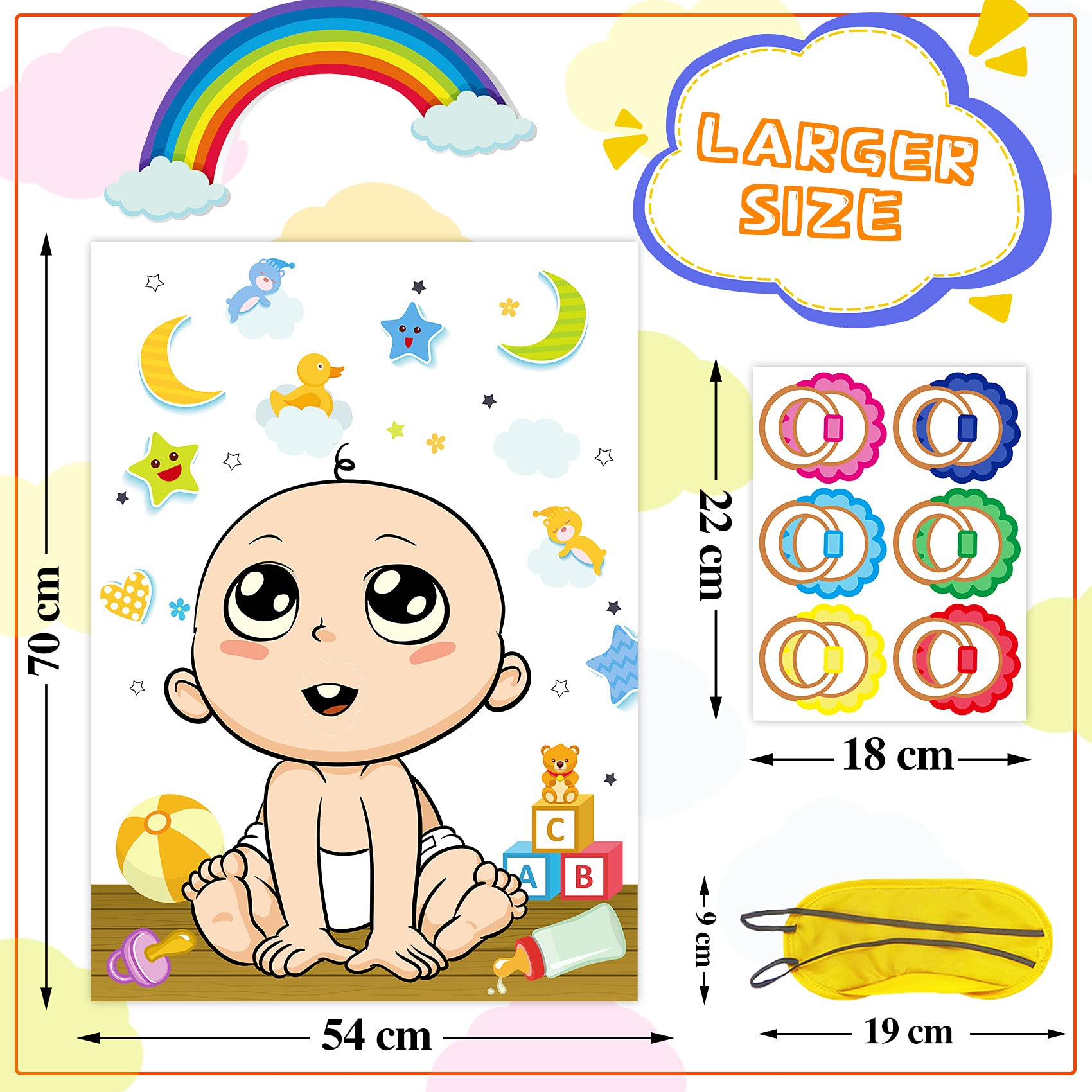 Funnlot Baby Shower Games Pin the Dummy on the Baby with 24 Stickers, Blindfold Unisex Pin the Dummy on Baby for 24 Players Pin the Pacifier on the Baby Larger Size Baby Shower Boy Games