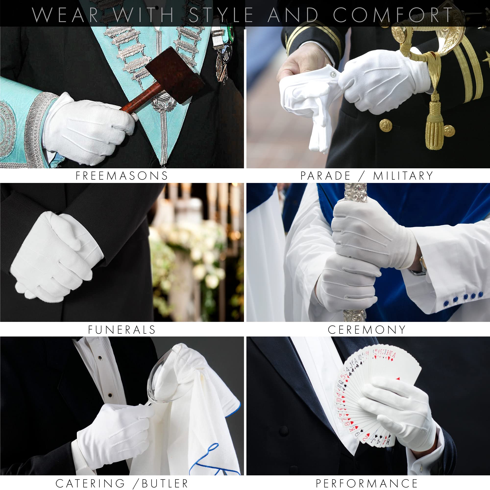 THE MASONIC COLLECTION - Plain White Cotton Gloves For Men - Very Soft and Lightweight With Washable and Reusable Material - Popper Snap Fastening - A Masonic Gift Accessory For Freemason Men