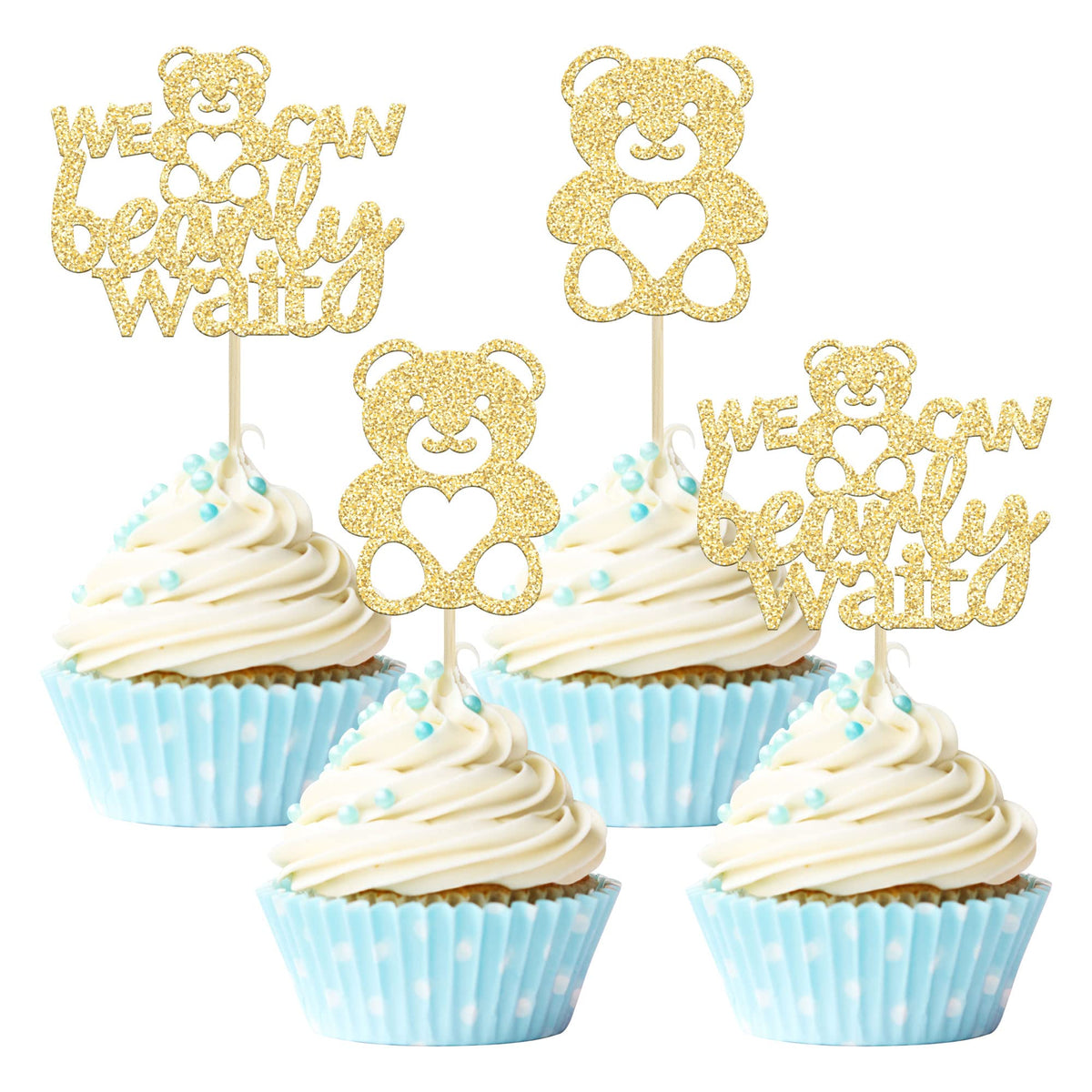 Gyufise 24Pcs We Can Bearly Wait Cupcake Toppers Gold Glitter Bear Cupcake Picks for Gender Reveal Baby Bear Theme Baby Shower Kids Birthday Party Cake Decorations Supplies