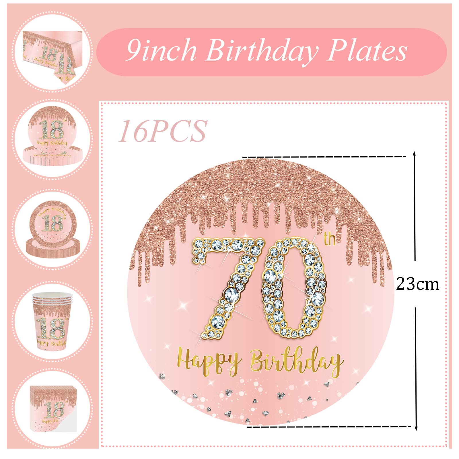 16pcs Rose Gold 70th Birthday Paper Plates 9inch 70th Party Table Decor,70th Women Birthday Party Paper Plates 9 inches Tableware,Happy 70th Birthday Tableware Plate for Her,Women,70th Party Supplies