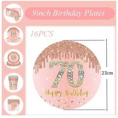 16pcs Rose Gold 70th Birthday Paper Plates 9inch 70th Party Table Decor,70th Women Birthday Party Paper Plates 9 inches Tableware,Happy 70th Birthday Tableware Plate for Her,Women,70th Party Supplies