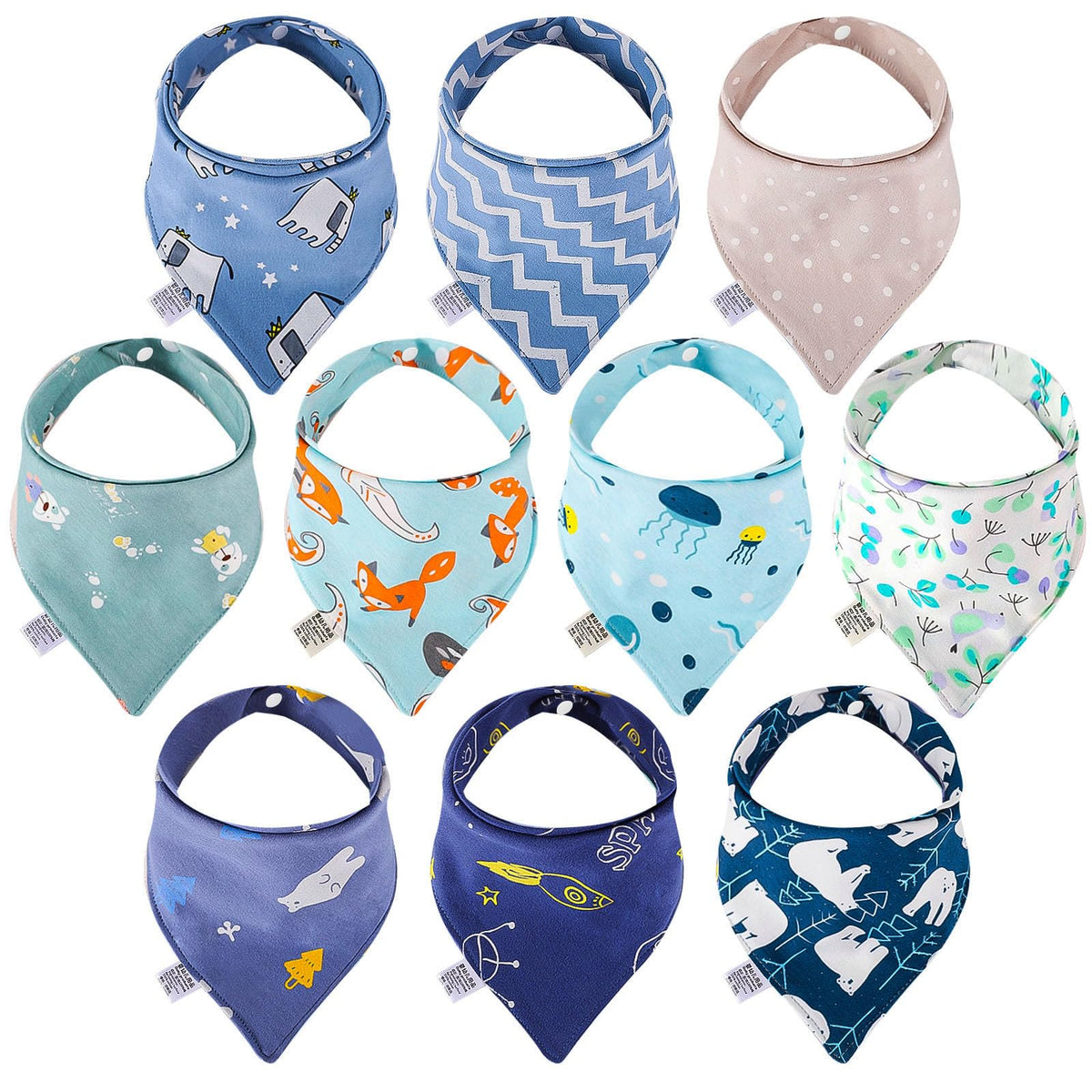 Baby Bandana Dribble Bibs, 10-Pack Cotton Baby Feeding Bibs Super Absorbent Drool Bibs with Adjustable Snaps for Newborn and Toddlers (Blue)