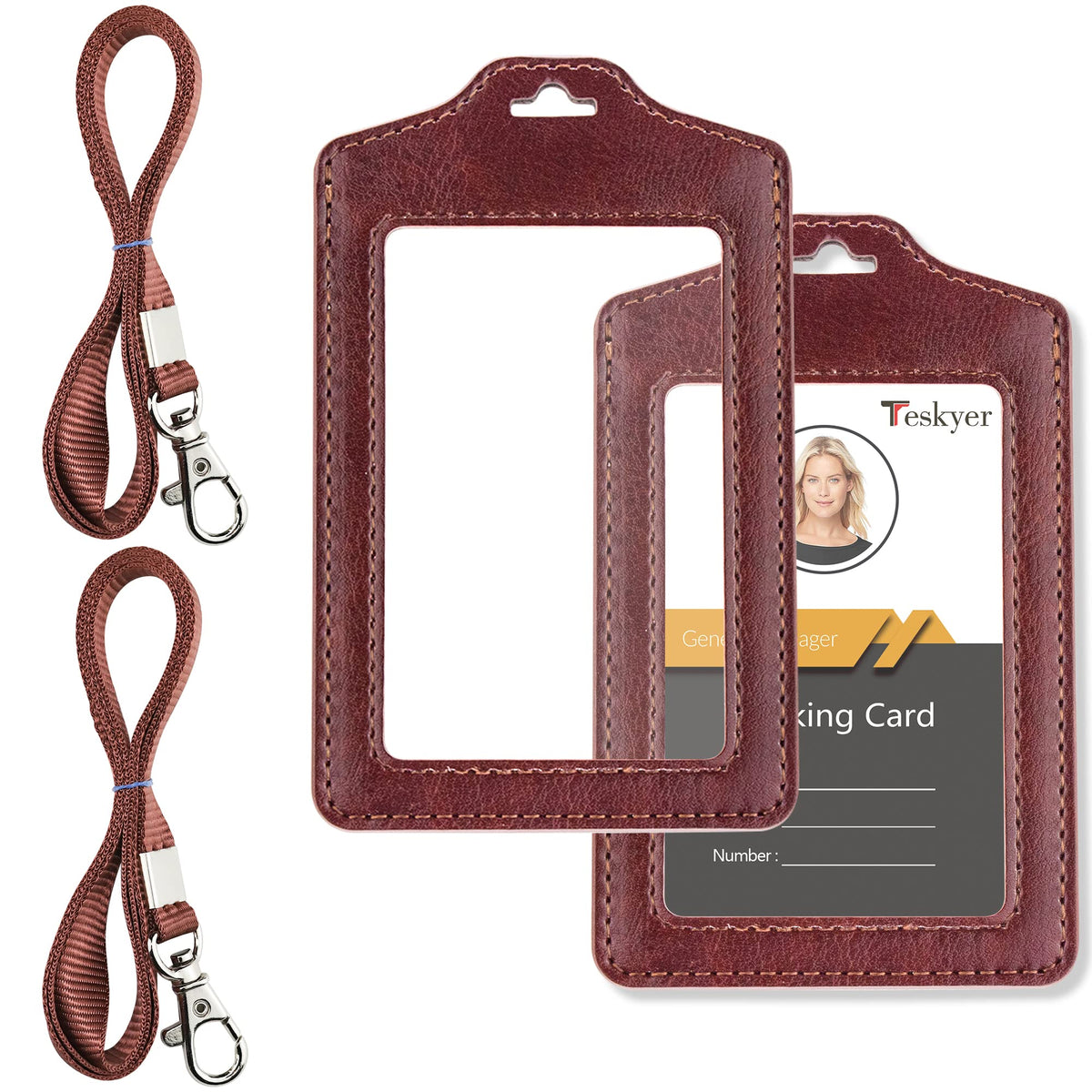 Teskyer 2 Pack Double Sided Clear Badge Holder, ID Card Holders, with Nylon Lanyard, for Work, Business, Oyster Card, Bus, Pass, Brown