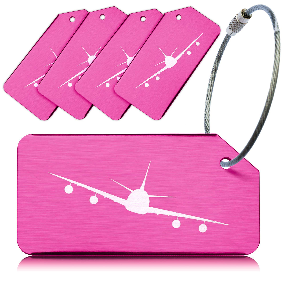 Pack of 5 Pink Strong Aluminium Luggage Tags, Secure, Easy to Spot, Privacy, Variety of Colours, Strong Steel Cable