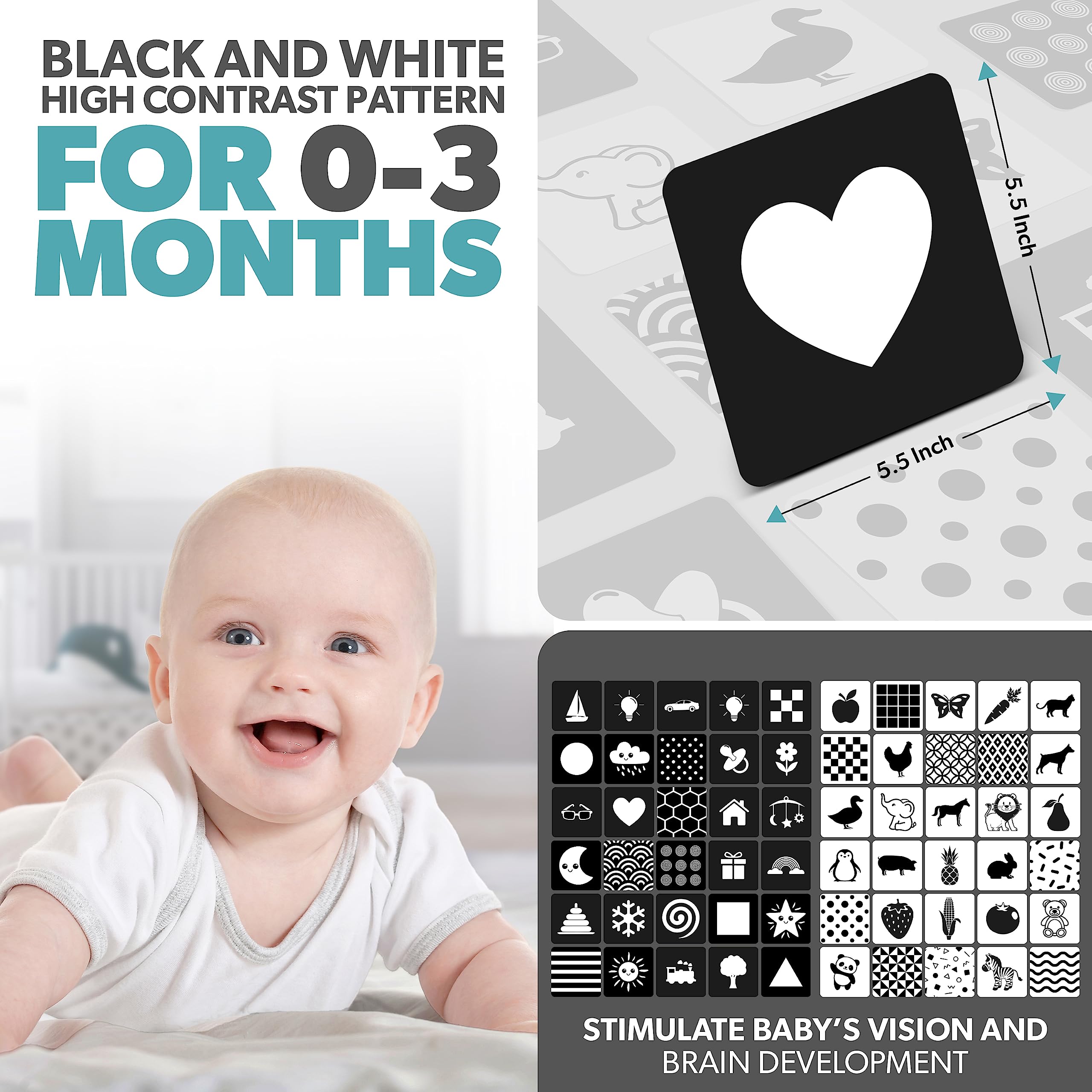 Newborn Essentials Black and White Baby Sensory Cards 60 High Contrast Baby Flash Cards Visual Skills and Stimulation for Newborn Babies 0-3 Months - UK Brand