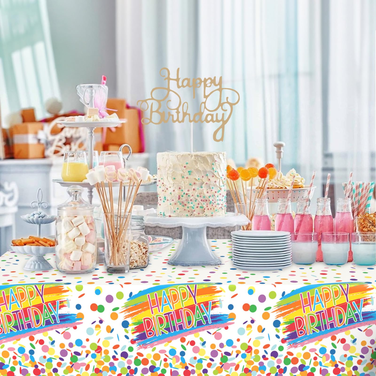 FunHot Birthday Tablecloth, Colorful Birthday Decorations, 54 x 108 Inch Waterproof Rectangle Happy Birthday Table Cover for Baby Shower Boys Girls Women Men Birthday Party Decorations