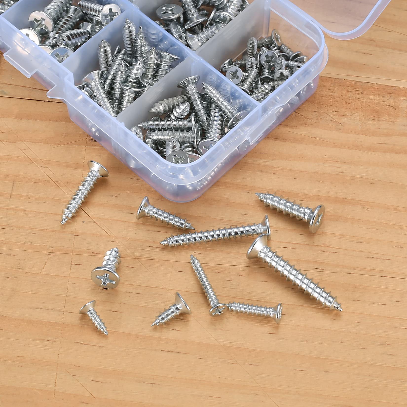 Vwoqiy 228PCS Self Tapping Screws, M3/M4/M5 Cross Drive Flat Head Screws, Countersunk Head Wood Screws, Metal Self Drilling Screws for Woodworking, with Storage Box (silvery 228)