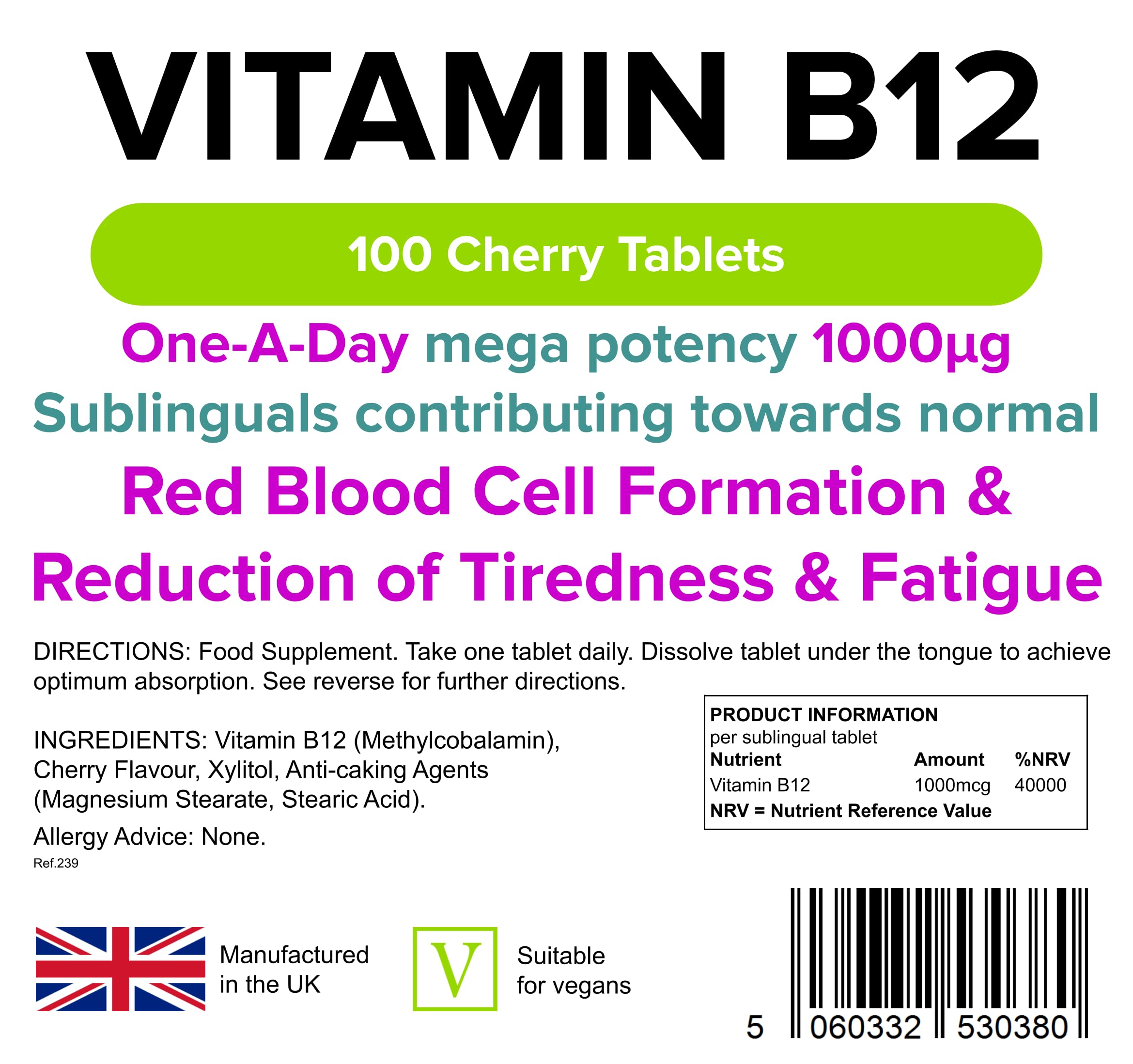 Lindens Vitamin B12 1000mcg Cherry Flavour Sublingual Tablets - 100 Pack - for Red Blood Cell Formation and Fatigue Reduction - Fast Absorption - UK Manufacturer, Letterbox Friendly