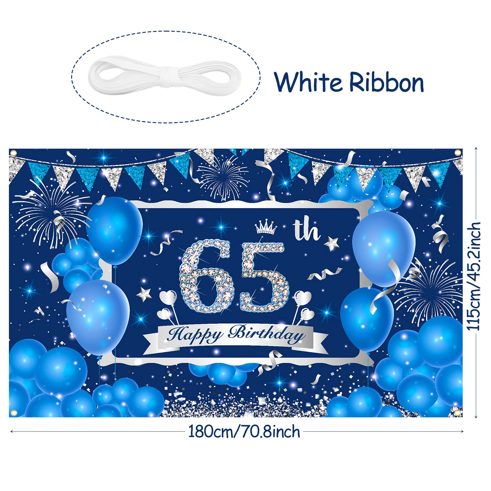 Blue 65th Birthday Decorations Banner for Men Women, Navy Blue Silver Happy 65th Birthday Banner Backdrop, Large Blue 65th Birthday Banner for 65th Birthday Anniversary Party Decorations Supplies
