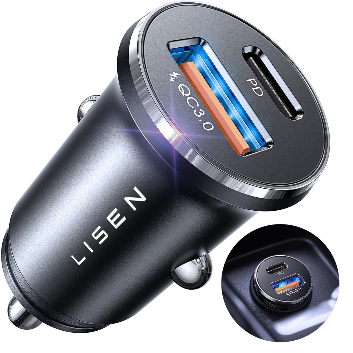 LISEN 54W Car Charger, USB C Car Phone Charger Adapter Fast Charge for IPhone Car Charger PD&QC3.0 Cigarette Lighter USB Charger 12V USB Socket fit IPad Pro Iphone 15 Pro Max 14 Samsung Galaxy S24/23