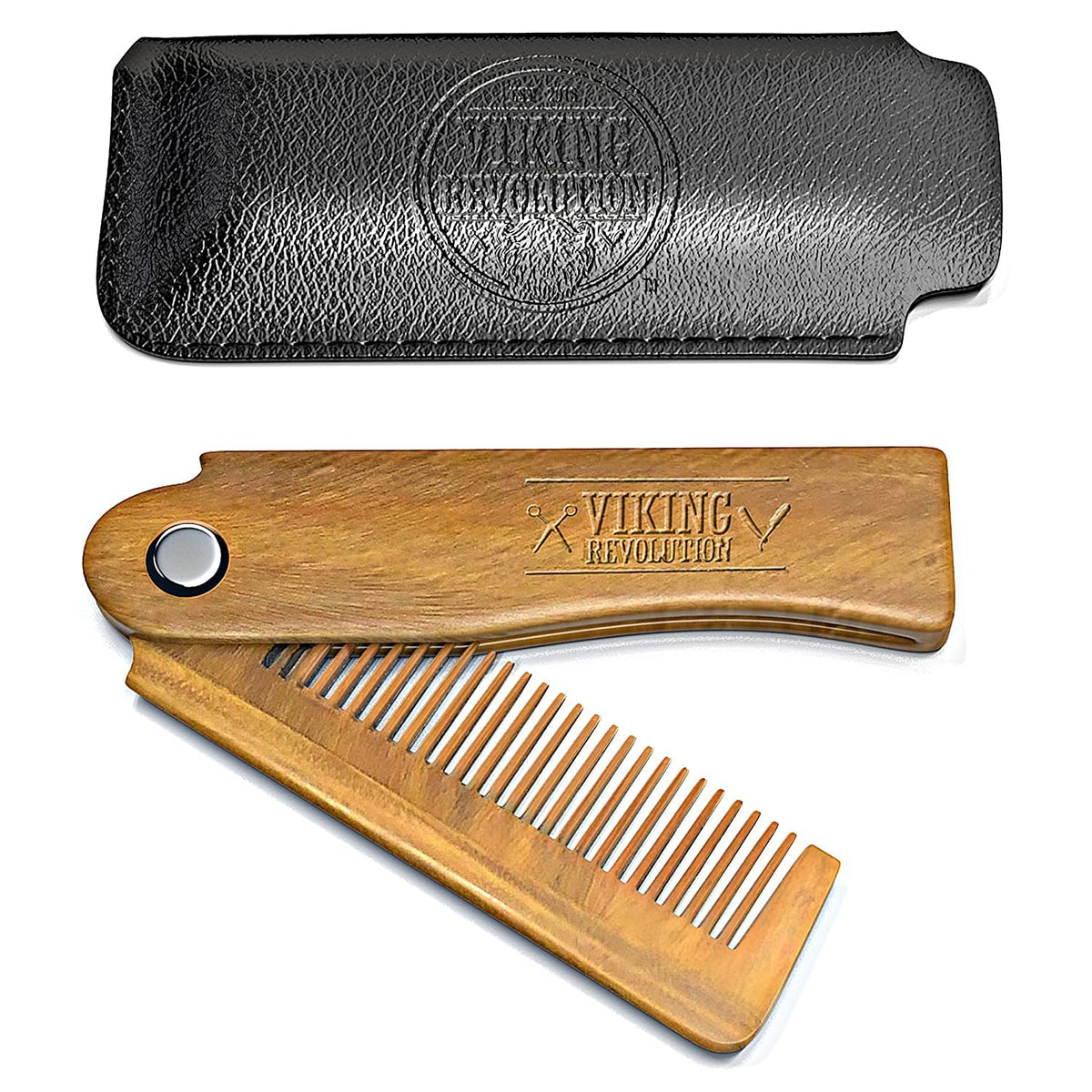 Folding Beard Comb for Men w/Carrying Pouch - All Natural Wooden Beard Comb w/Gift Box - Green Sandalwood Folding Comb for Grooming & Combing Hair, Beards and Mustaches by Viking Revolution