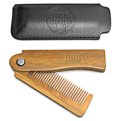 Folding Beard Comb for Men w/Carrying Pouch - All Natural Wooden Beard Comb w/Gift Box - Green Sandalwood Folding Comb for Grooming & Combing Hair, Beards and Mustaches by Viking Revolution