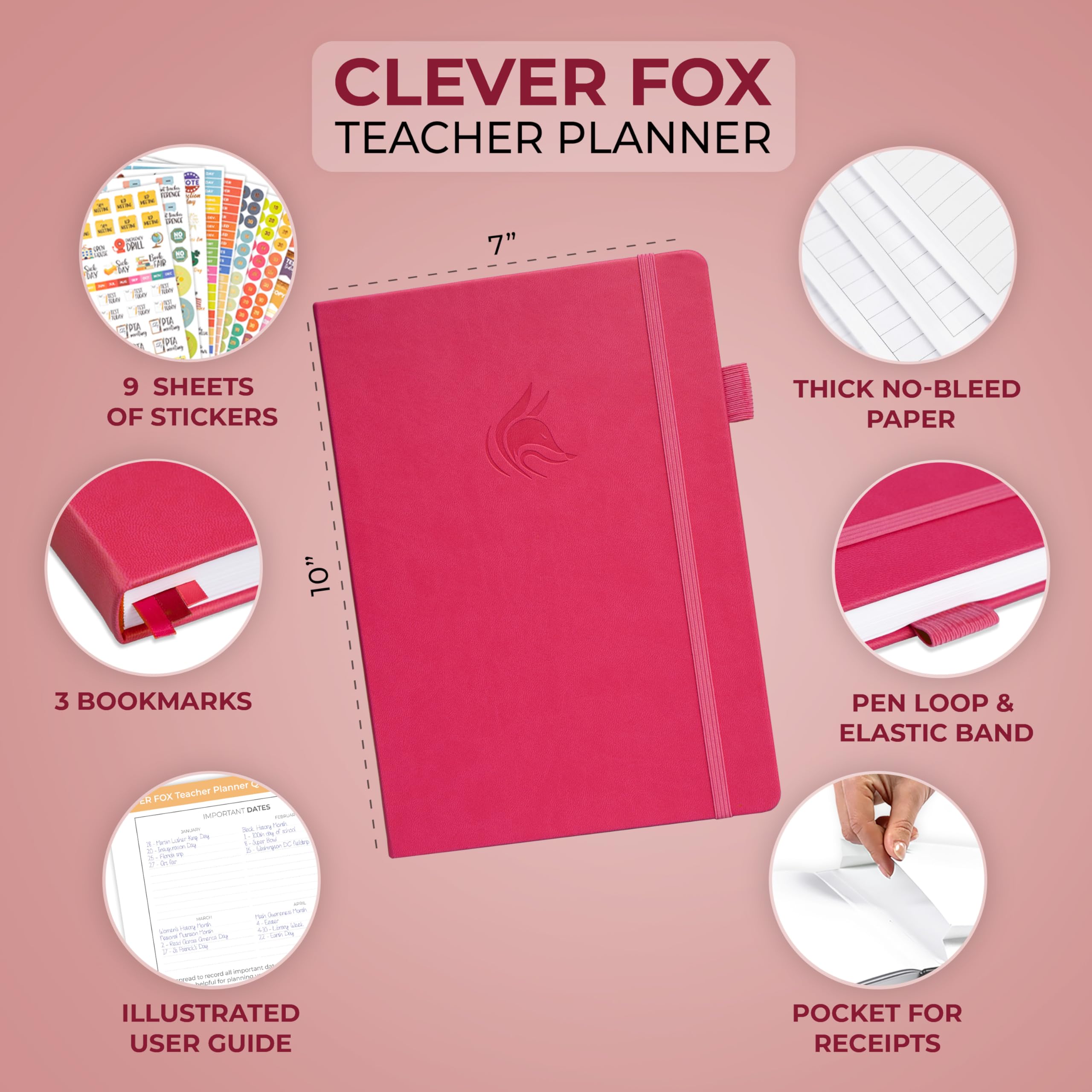 Clever Fox Teacher Planner – School Year Planner with Calendars & Lesson Plans – Teacher Plan Book for Classroom & Homeschool Organization - Undated, 18x25cm, Hardcover (Fuchsia)