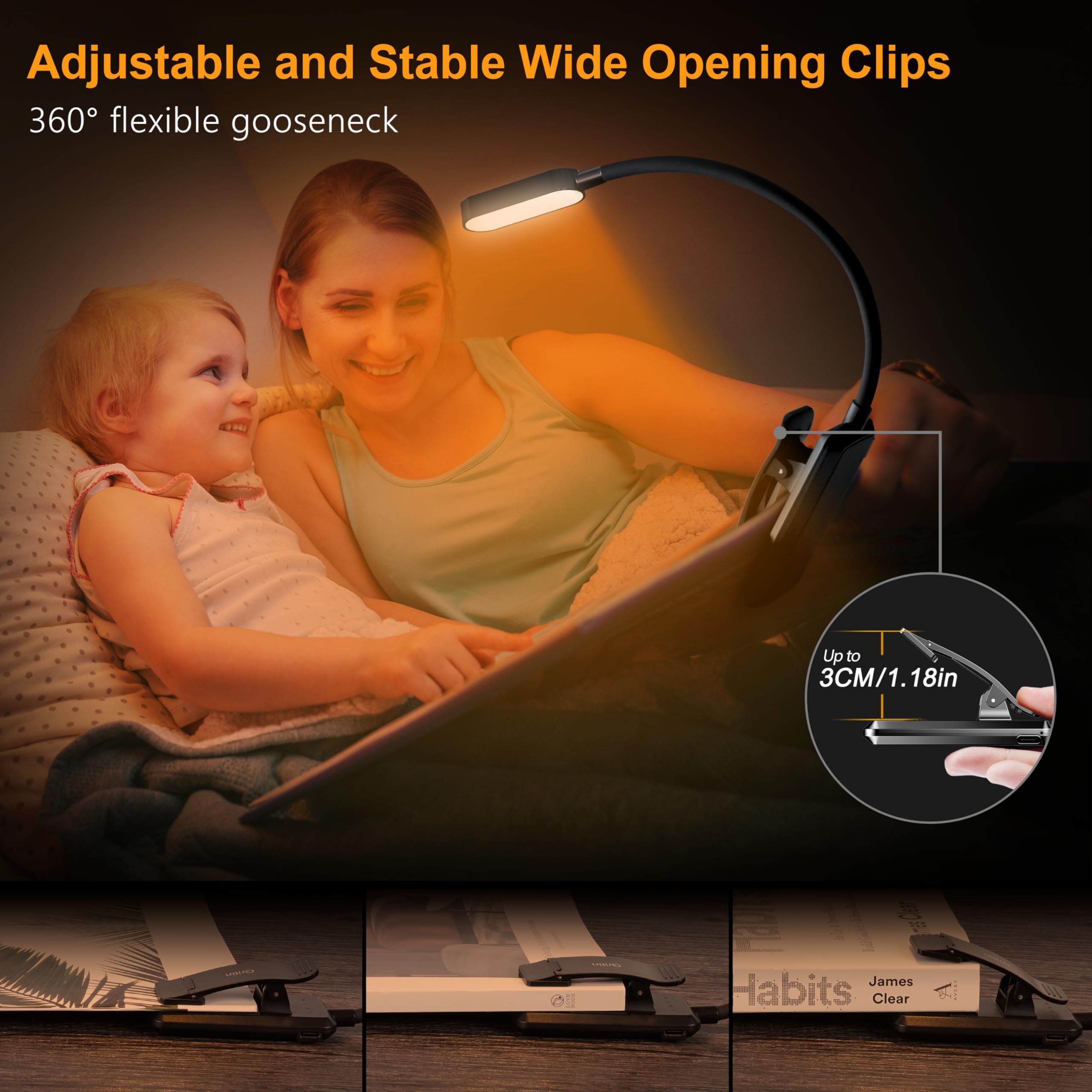 Gritin 16 LED Reading Light, Book Light 3 Eye-Protecting Modes Book Lamp (White/Amber/Mixed) - Stepless Dimming, Rechargeable, Long Battery Life, 4-Level Power Indicator, Flexible Clip on Book Light