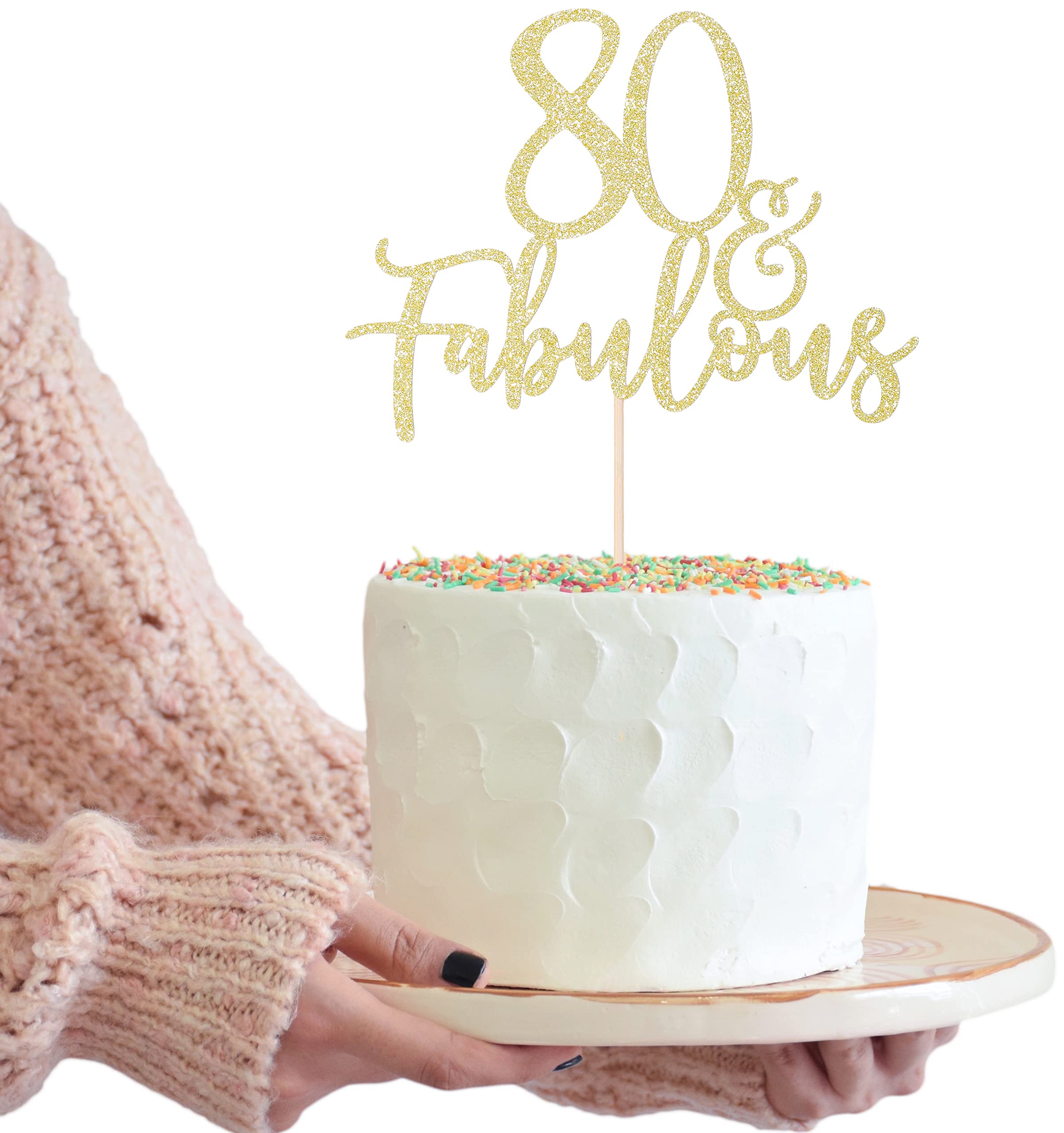 LOVENJOY 80 and Fabulous Birthday Cake Topper 80 Cake Decoration Gold Glittery for Happy 80th Birthday Party Decorating