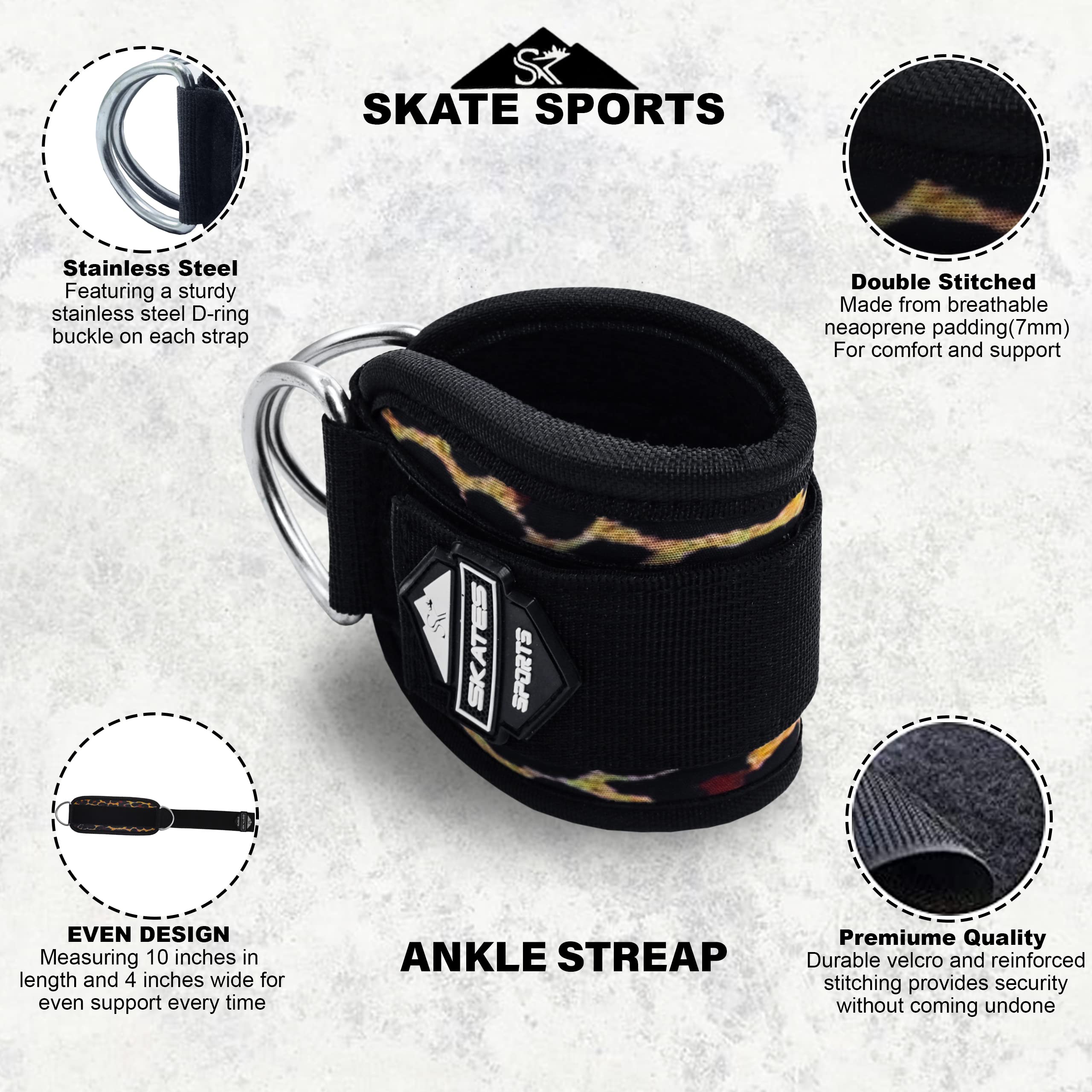 Skates sports Ankle Straps for Cable Machines Attachment 1 Piece Neoprene Padded Double D-Ring Ankle Gym Cuff for Kickback Legs, Abs and Glute Exercise Men women Fitness Workout (Single, Leopard)