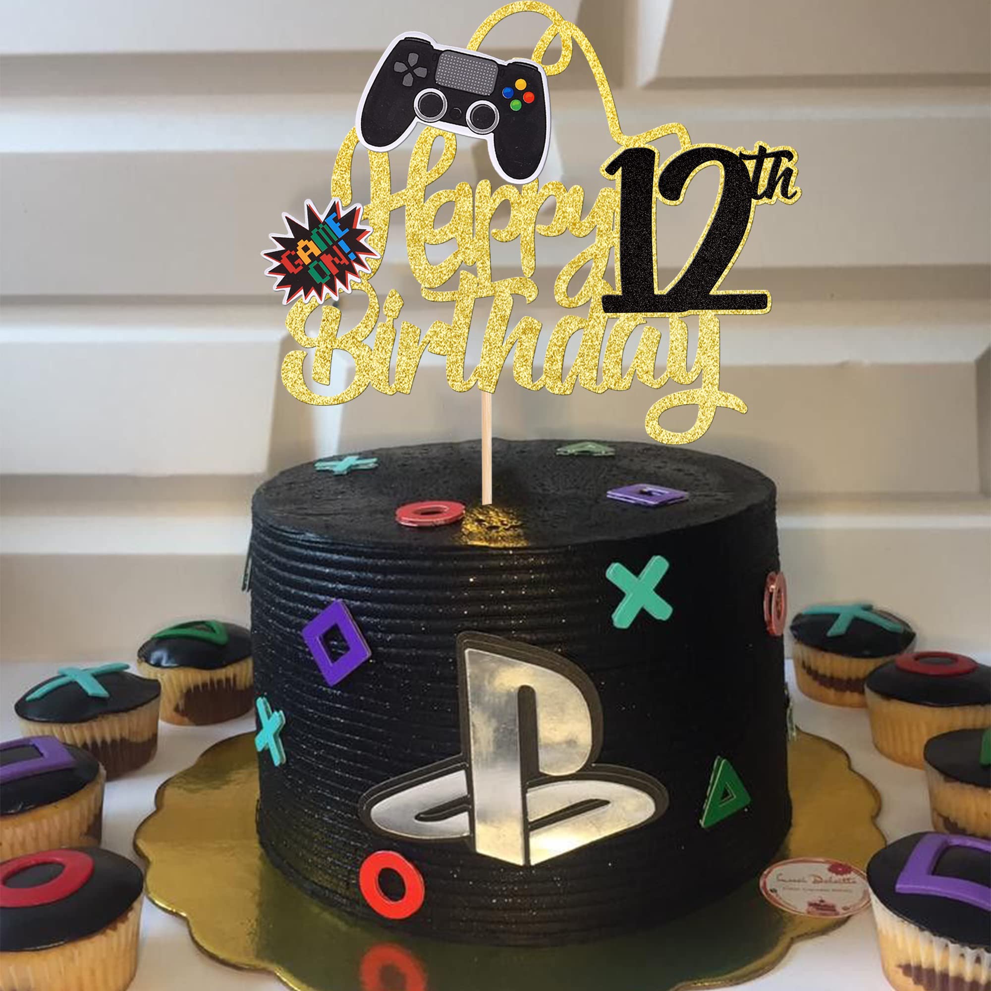 SYKYCTCY 1 Pack Happy 12th Birthday Cake Topper Glitter Video Game Cake Pick Game On Controllers Twelfth Cheers to 12 Years Cake Decoration for Game Theme Happy 12th Birthday Party Supplies Gold