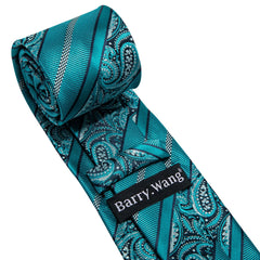 Barry.Wang Men Tie Set Paisley Handkerchief Cuff links Teal Blue