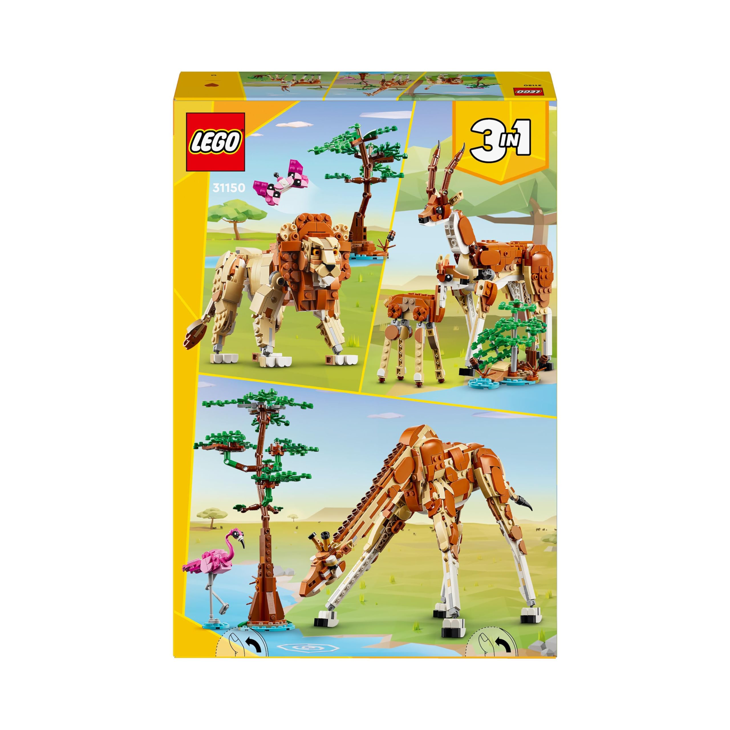 LEGO Creator 3in1 Wild Safari Animals, Giraffe Toy to Gazelle Figures to Lion Model, Set for Kids, Girls & Boys Aged 9 Plus, Includes Flamingo and Butterfly, Nature Gifts for Imaginative Play 31150