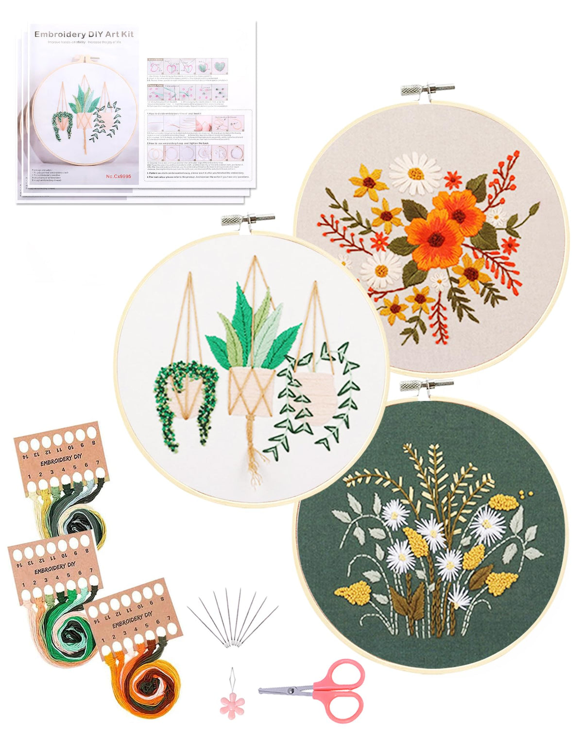 Jecanori Embroidery Starter Kit, 3 Pack Cross Stitch Kit with Floral or Plant Pattern and Instructions, Full Range of Embroidery Kits, Embroidery Hoops, Color Threads and Tool