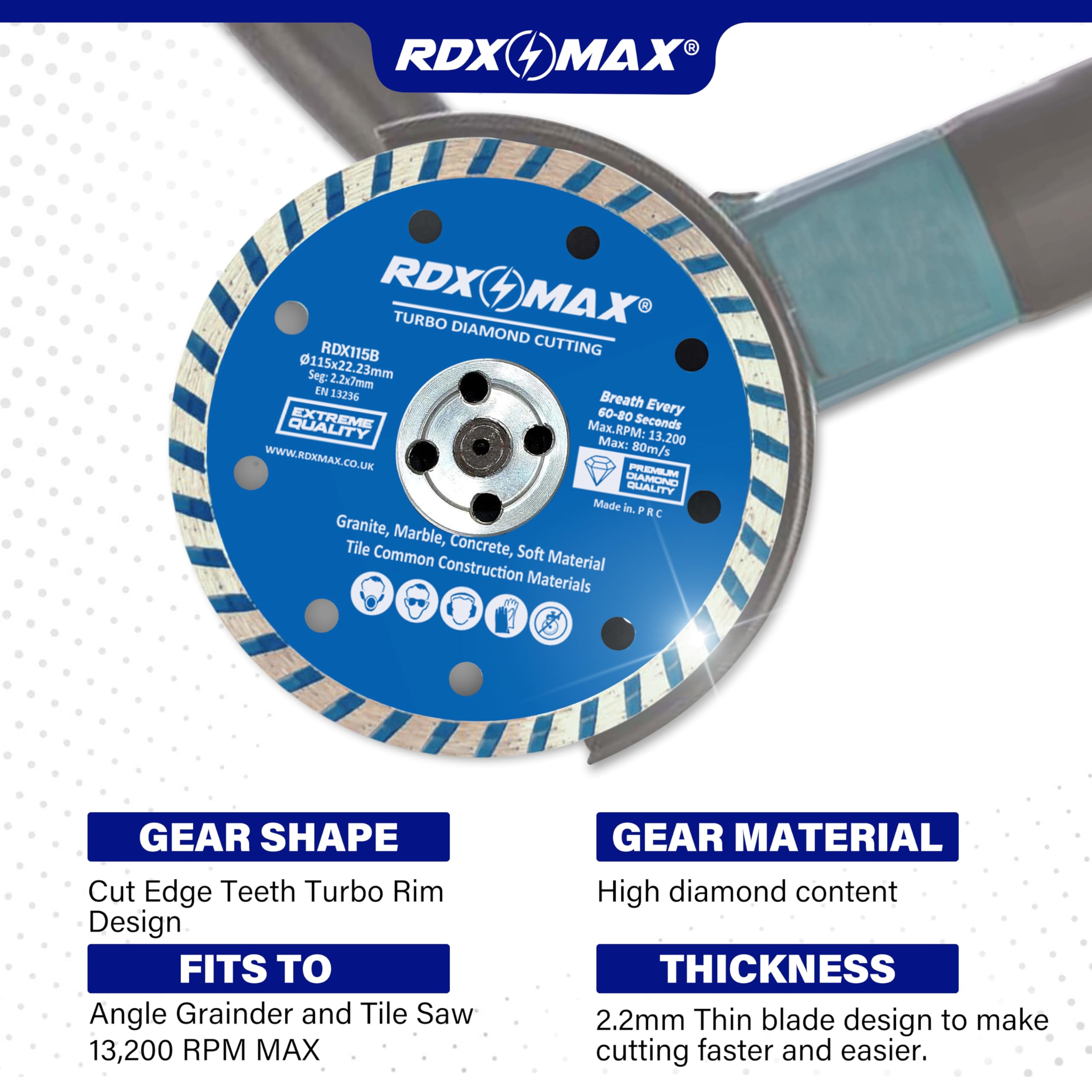 RDXMAX ® 115mm Diamond Cutting Discs for Angle Grinder-Super Thin Fast,Clean Cut on Porcelain,Granite,Marble,Concrete,Tiles,Stones,Bricks & Ceramics-4.5 inches Wheel -Size 115 x2.2 x22.23mm- (2 Pack)