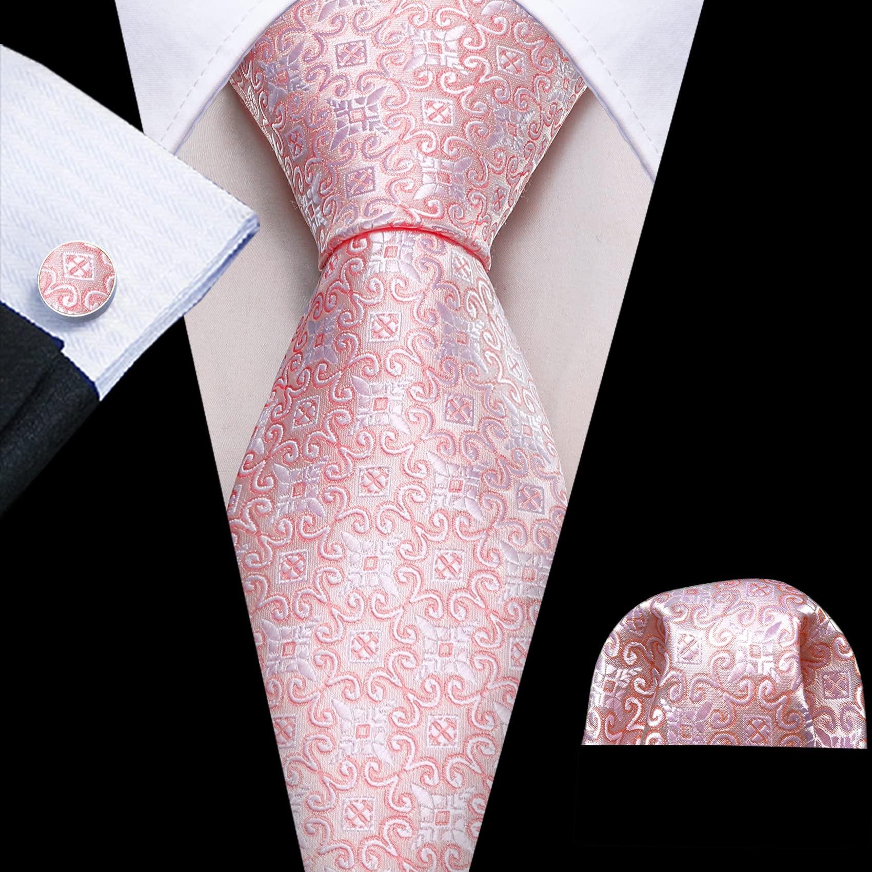 Barry.Wang Solid Pink Tie Set Men Ties Floral Necktie Handkerchief Cufflinks Wedding Party Business