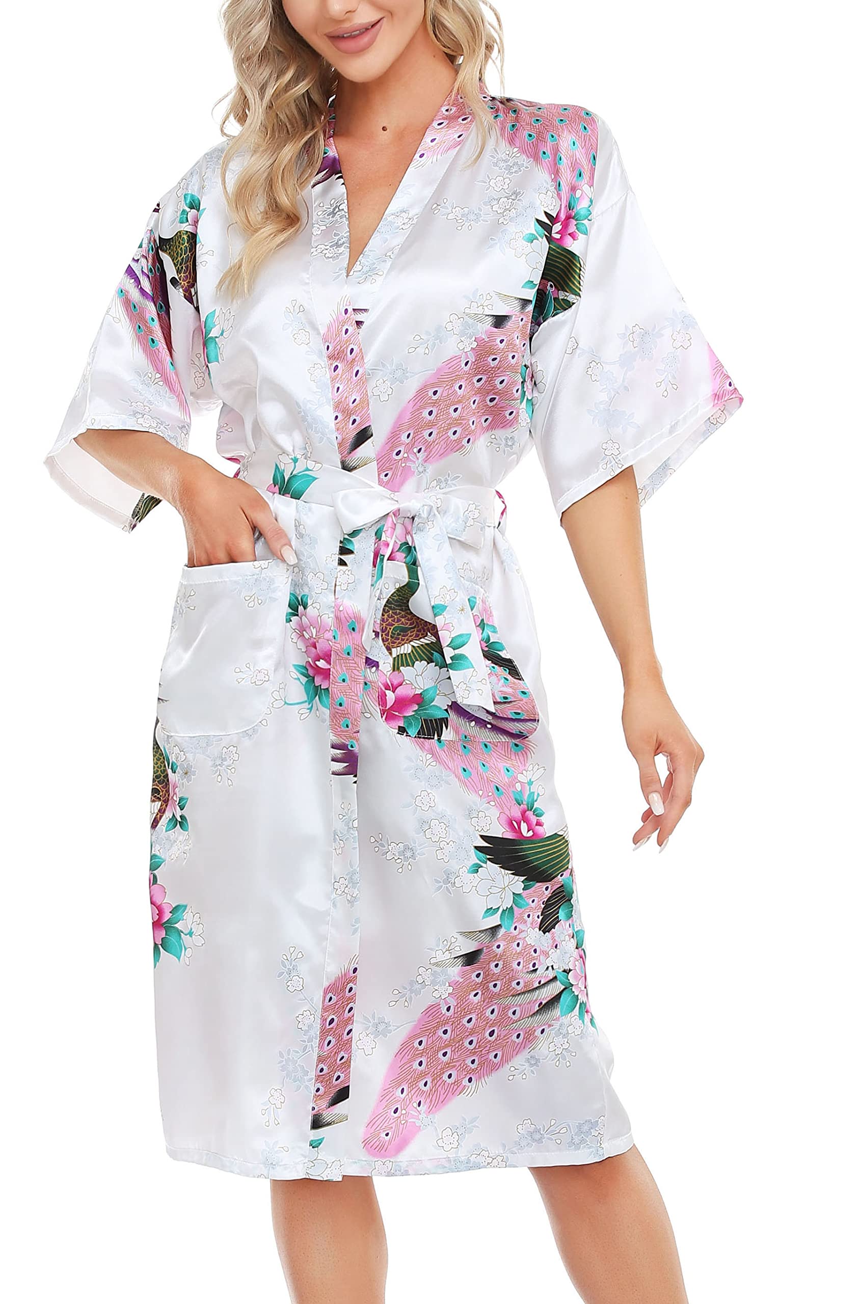 Lovasy Kimono Dressing Gowns Satin Kimono Robe Peacock and Blossoms Silk Dressing Gown for Women UK Long Silk Bride and Bridesmaid Robes,White,S