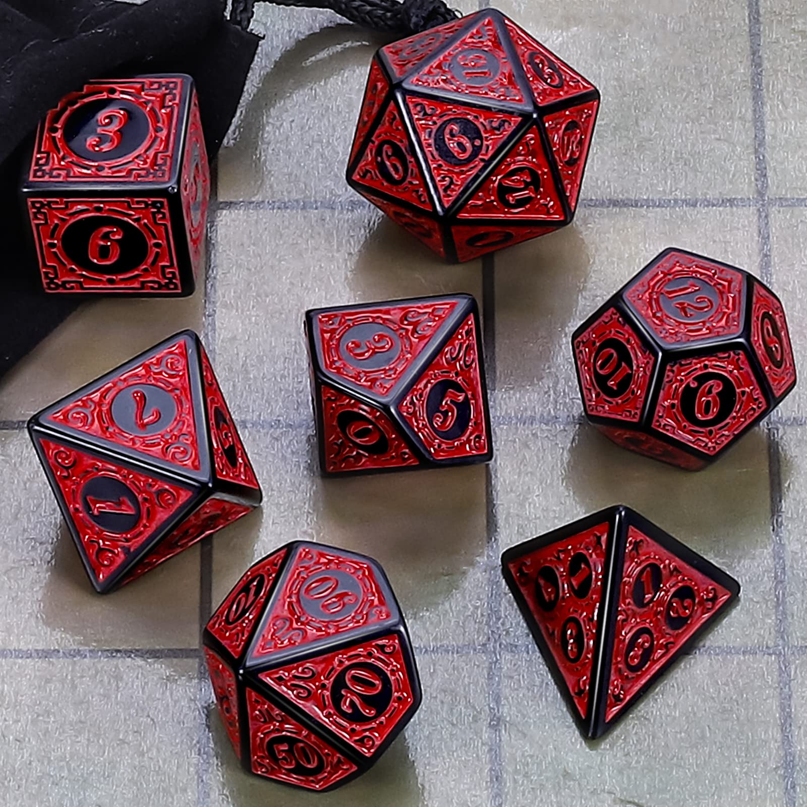 QMAY DND Dice Polyhedral Dice Set - 7 Pieces for Dungeon and Dragons MTG RPG D&D D20, D12, D10, D%, D8, D6, D4 (Red Engraving)