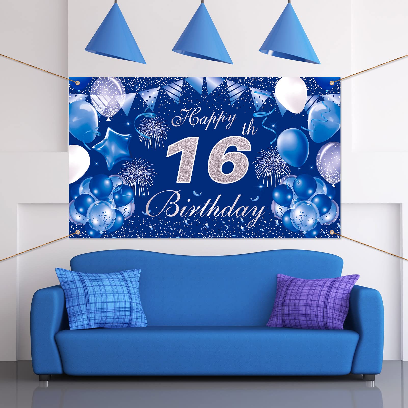 Pinenuts Happy 16th Birthday Backdrop Banner Blue 16th Birthday Decorations for Boys Girls, Large Fabric Birthday Photo Background Birthday Sign Poster, 3.6 x 6.1 ft