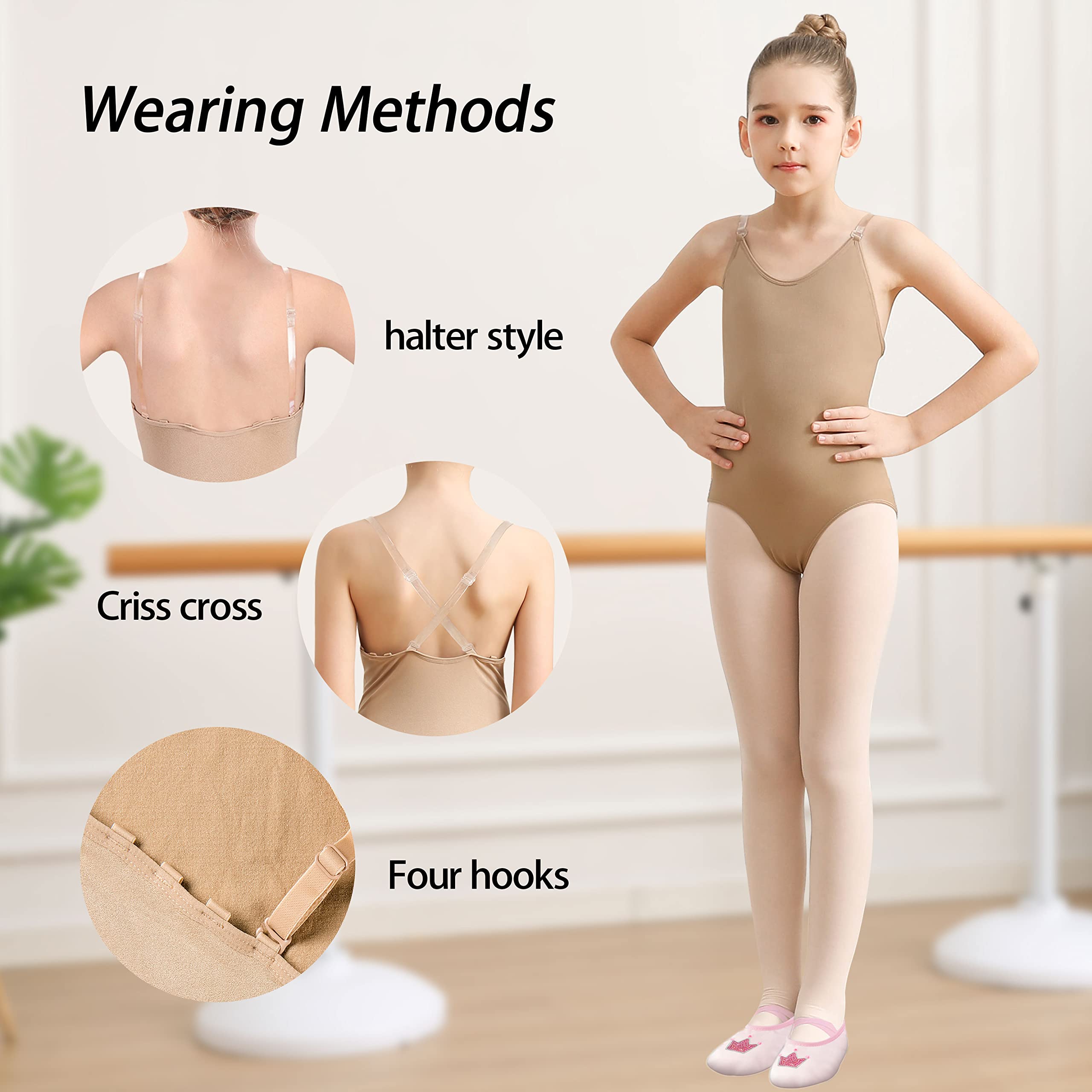 Mulnall Ballet Undergarments for Girls and Women Nude Dance Leotard Seamless Gymnastic Underwear with Adjustable Clear Straps(8A12)