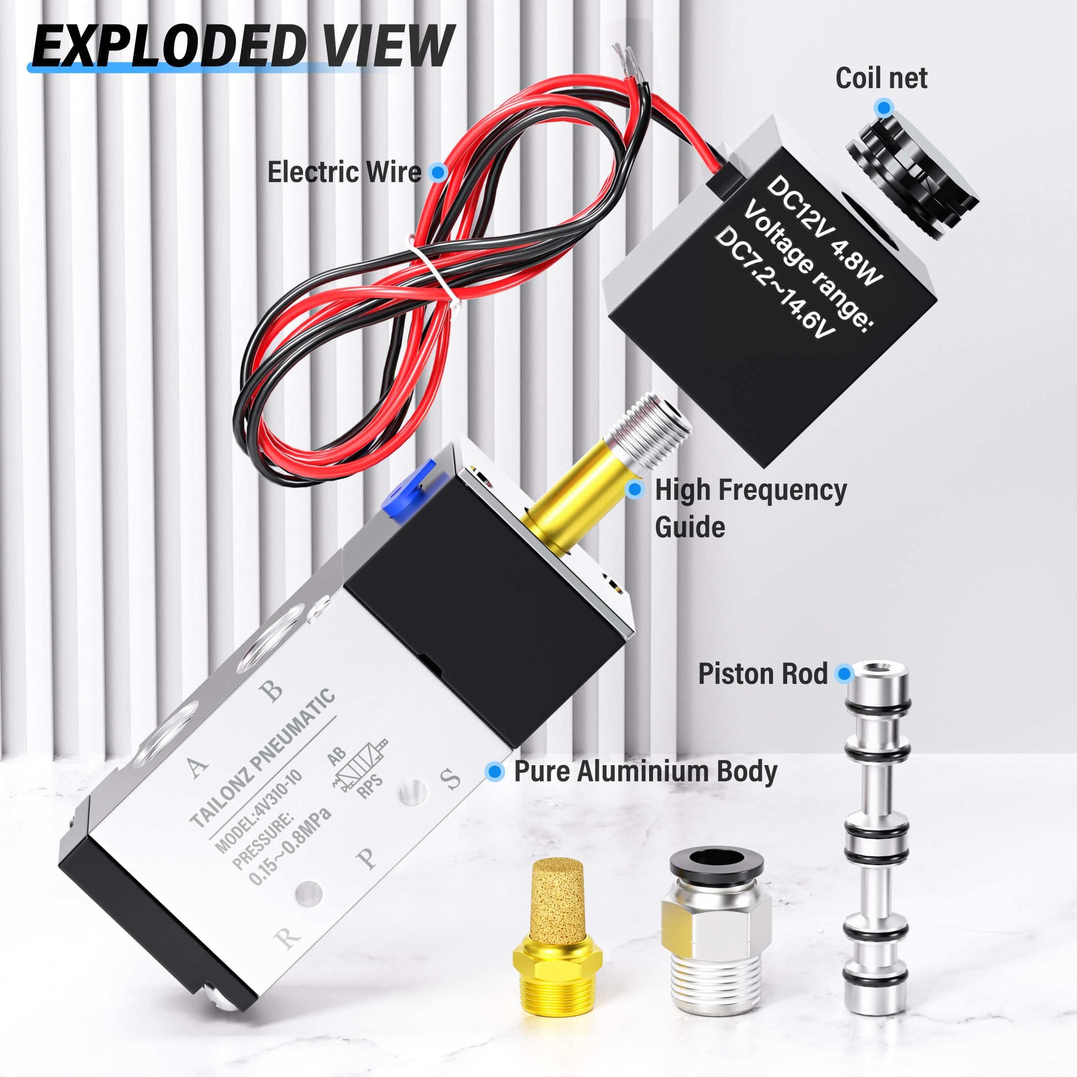 TAILONZ PNEUMATIC 3/8 Inch BSP Solenoid Valve 12V Single Coil Pilot-Operated Electric 2 Position 5 Way Connection Type 4V310-10