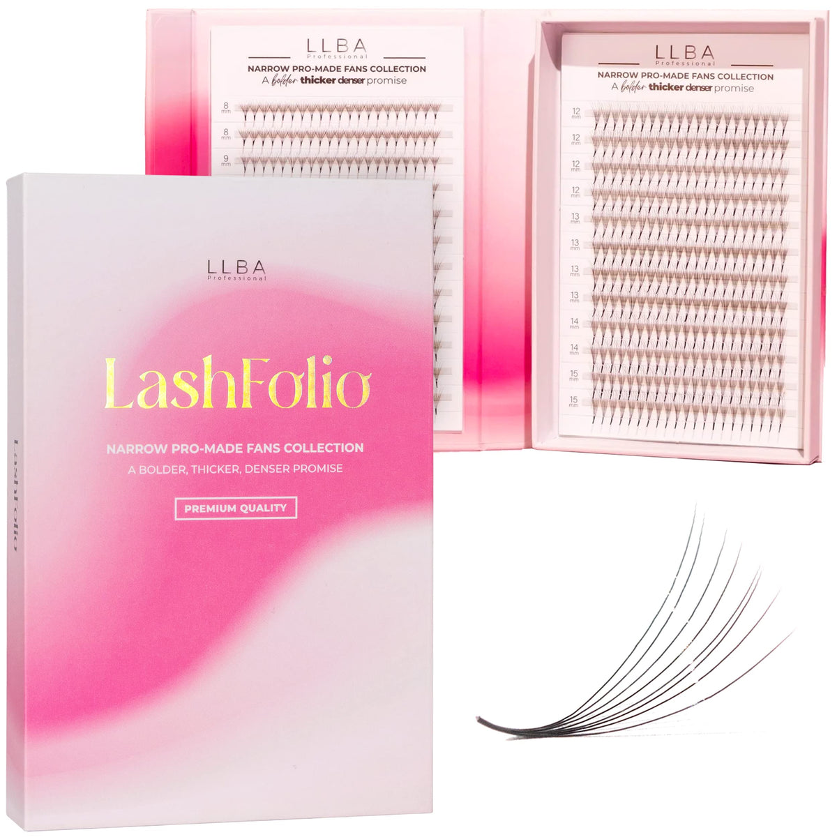 LLBA LashFolio Narrow Promade Fans   Handmade Volume Eyelashes   Multi Selections 5D~10D   C CC D Curl   Thickness 0.03~0.07mm   8-15mm Length   Long Lasting & Easy Application (5D-0.07 D 8mm-15mm)