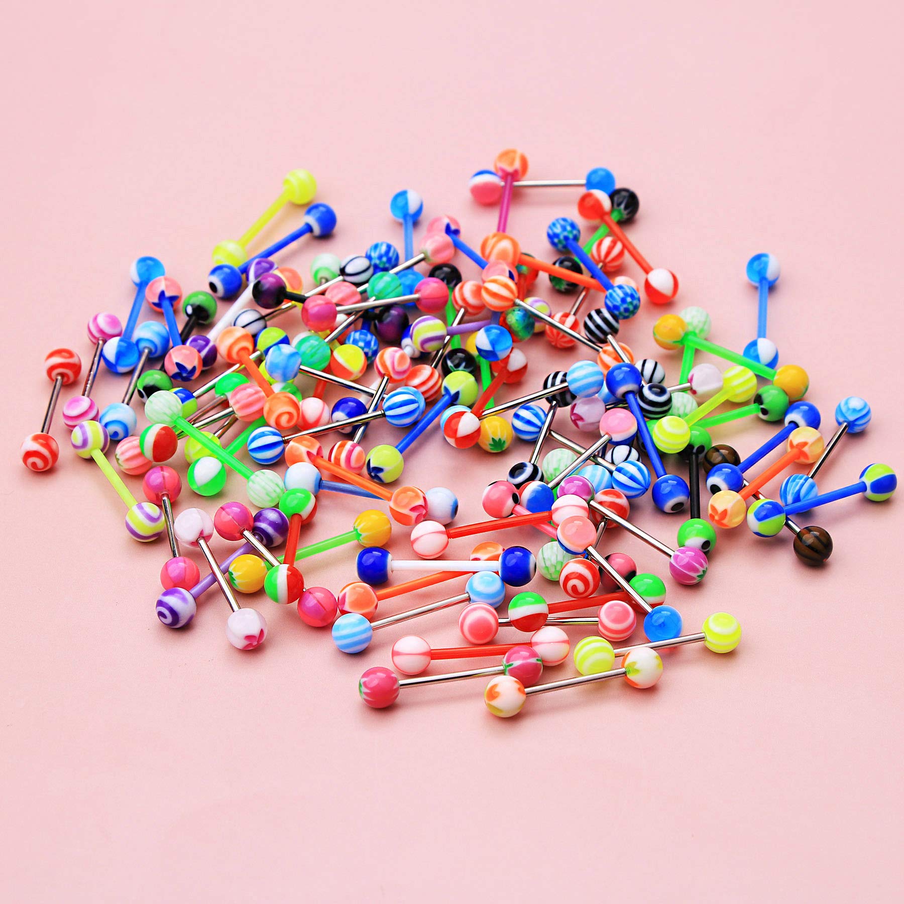 CM Crareesi Mania 30PCS Tongue Rings Pack Colorful Tongue Rings Stud Random Color Tongue Bars Stainless Steel/Acrylic 14G Tongue Barbells