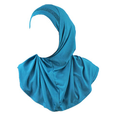 Yaqeen Girls instant headscarf hijab al Amira with glitter borde, readymade pull on scarf, ideal for any occassion school/nursery (Teal)