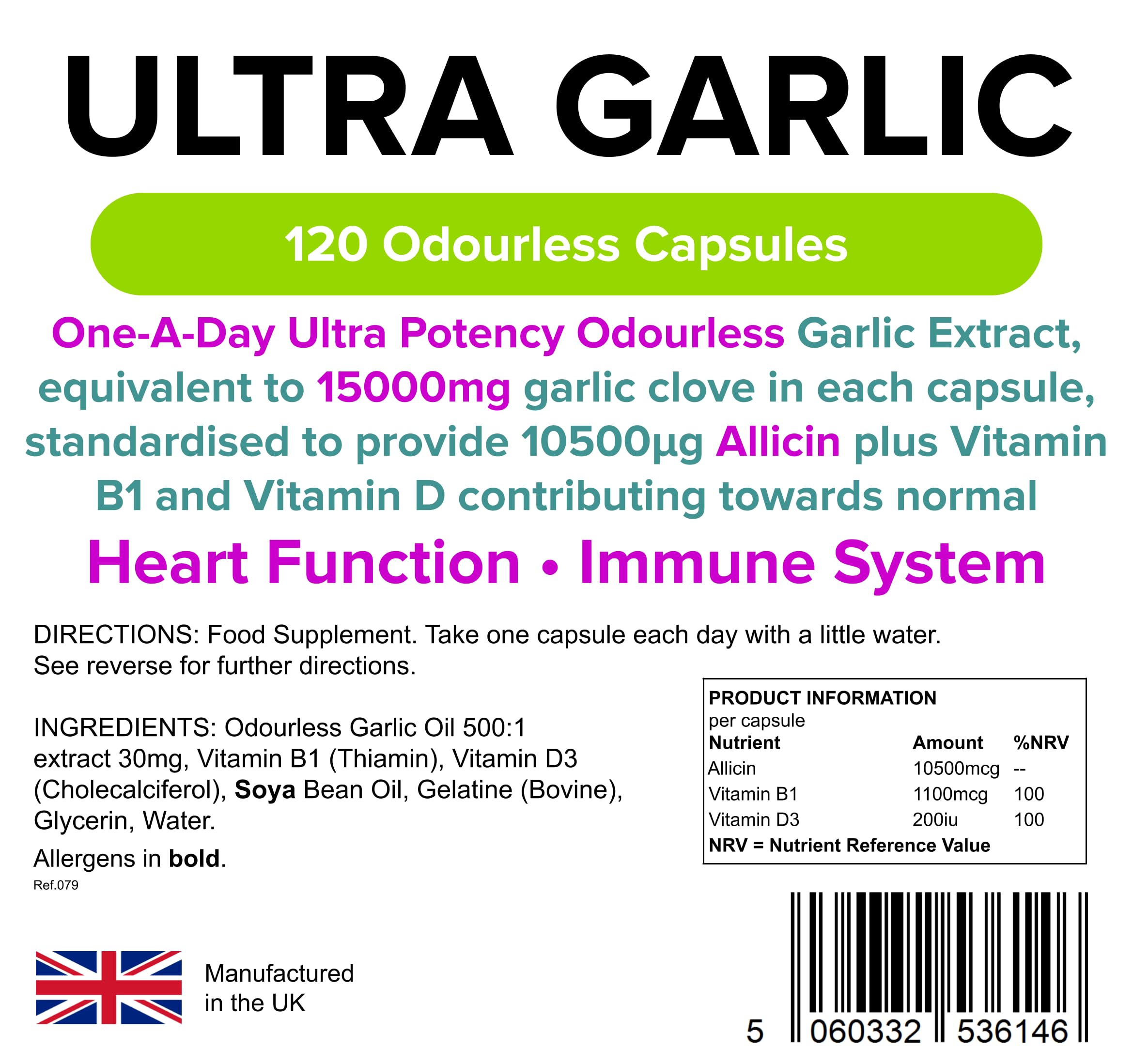 Lindens Ultra Garlic Odourless Capsules - 120 Pack - Including Vitamin B1 and D3 - Contributes to Normal Muscle Function, Heart and Immune Health - 15000mg Garlic (10500mcg Allicin) - UK Manufacturer, Letterbox Friendly