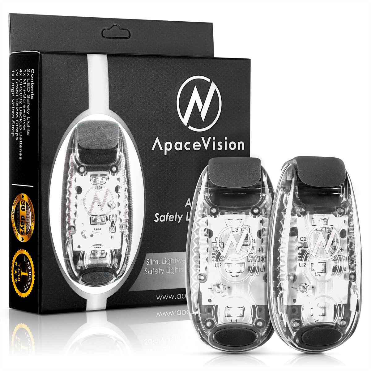 Apace Vision LED Safety Light (2 Pack) with Bonus Items – Clip On Strobe/Running Lights for Runners, Dogs, Bikes, Walking and More (White)