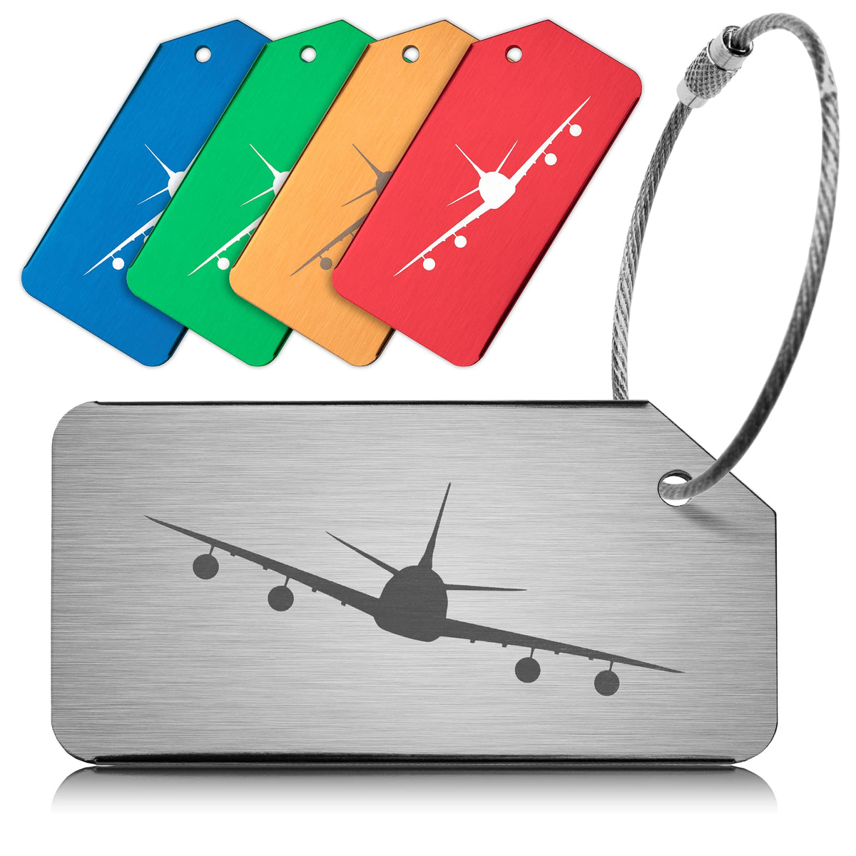 Pack of 5 ACE Strong Aluminium Luggage Tags, Secure, Easy to Spot, Privacy, Variety of Colours, Strong Steel Cable