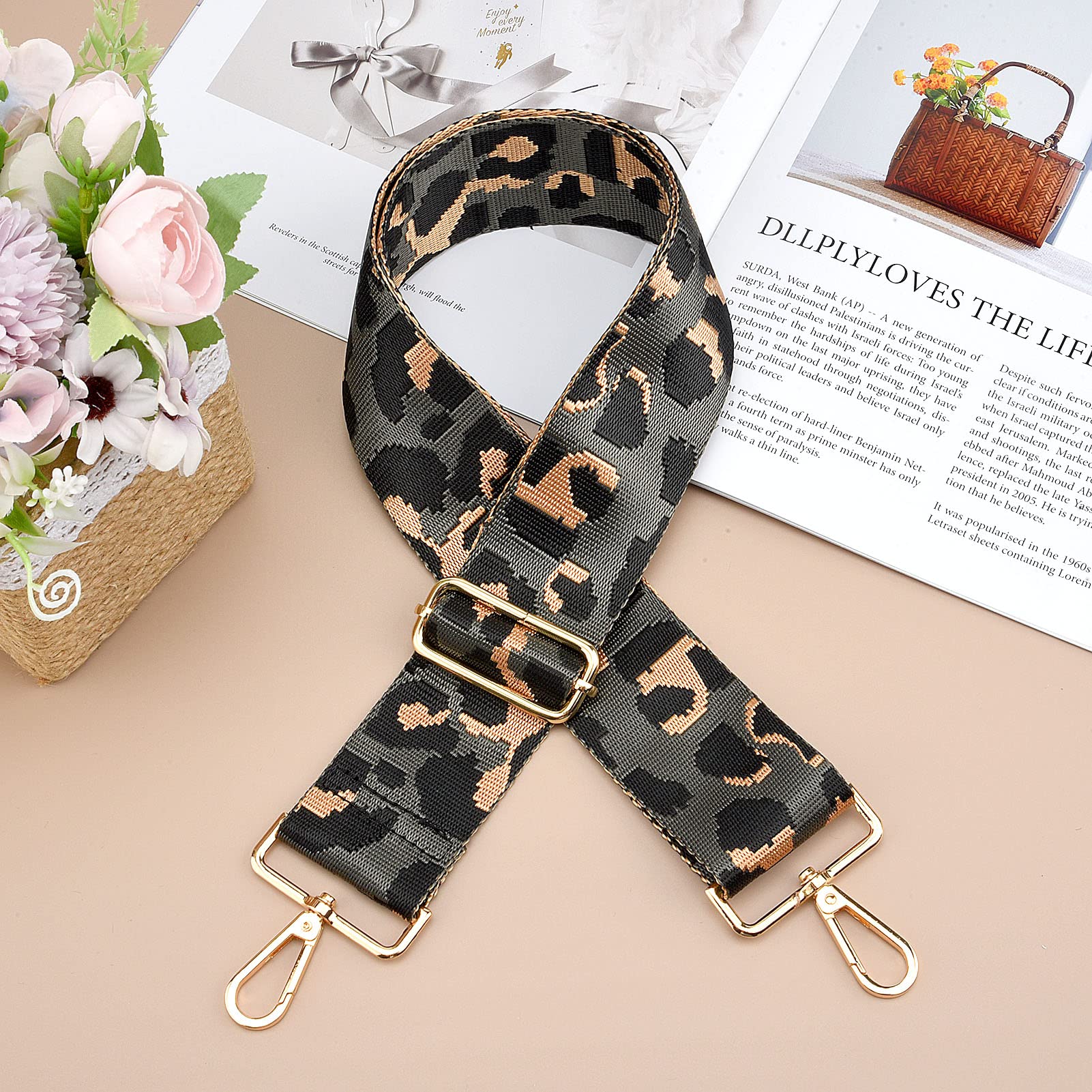 olyee Bag Strap, Adjustable Shoulder Handbags Strap Wide with Gold Clip 5cm/1.96 inch Replacement Women Sholder Strap Extender Cross Body for Guitar Purse Laptop(Dark Grey Leopard and Rose Gold Clasps)