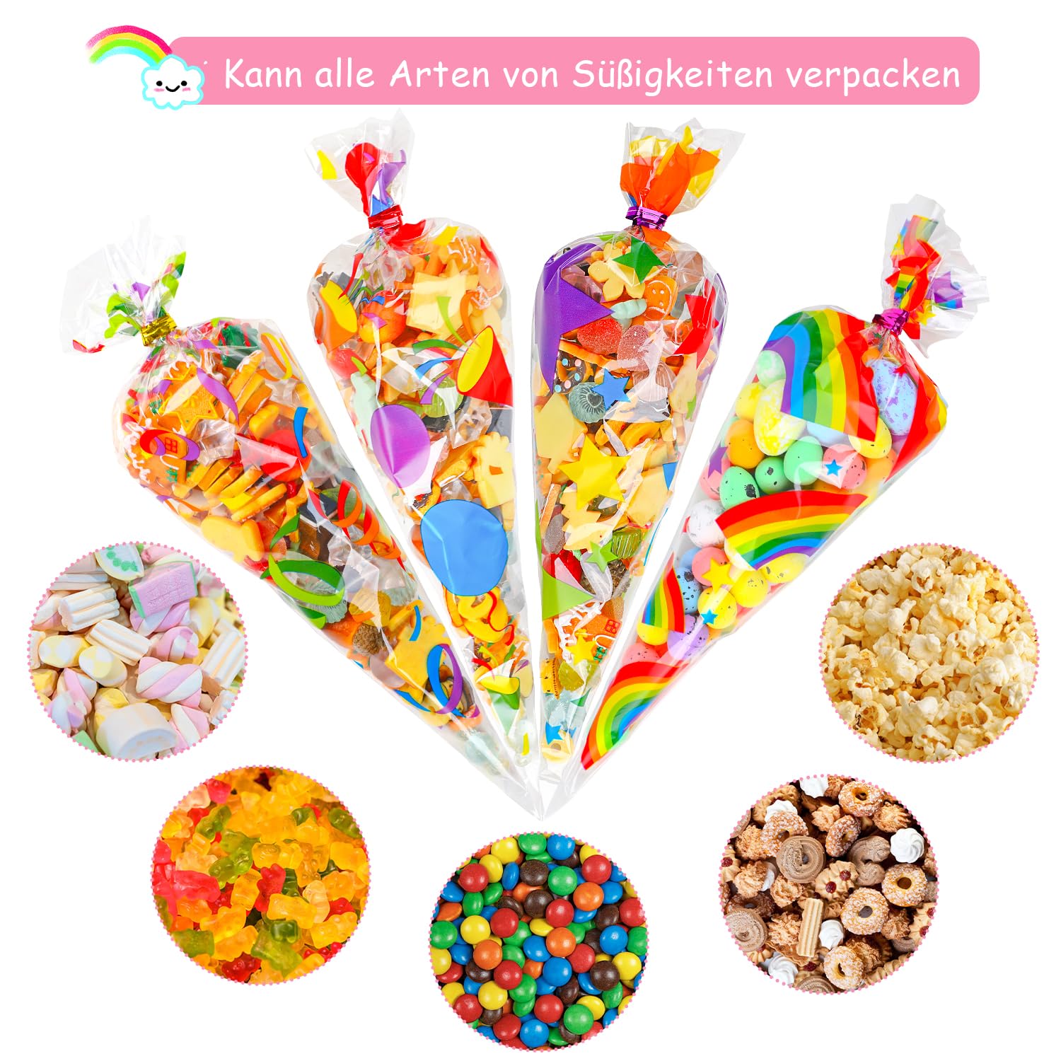 VEYLIN Rainbow Clear Cone Bags,120 Pieces Rainbow Cellophane Sweets Cone Bags With Twist Ties For Party,Birthday,Party Favor Supplies
