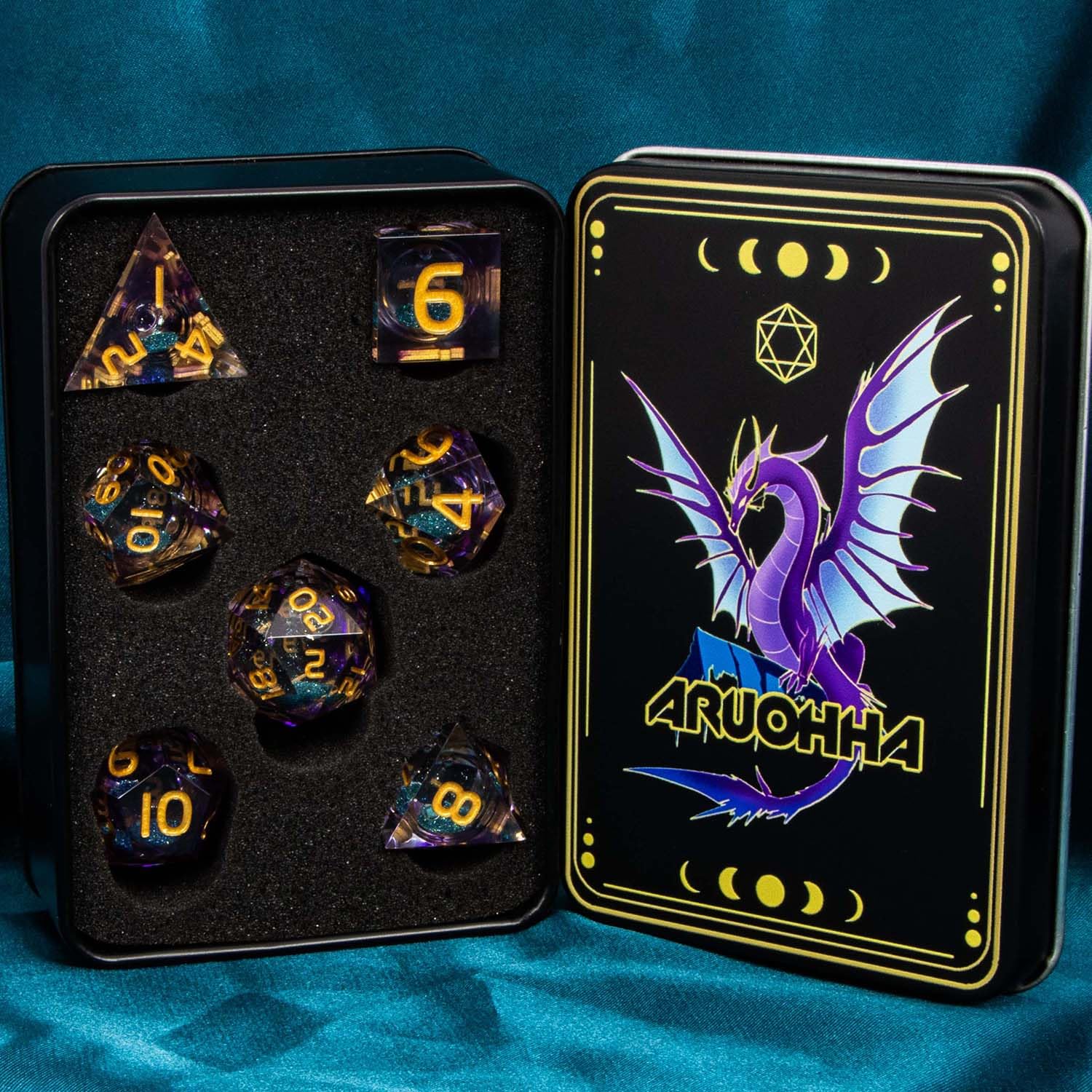 ARUOHHA Liquid Core DND Dice Set, 7pcs Resin Sharp Edged Dice for Dungeons and Dragons, Handmade RPG Dice, Purple Polyhedral D&D Dice, Role Playing Dice Set D20 D12 D10 D8 D6 D4 with Gift Box