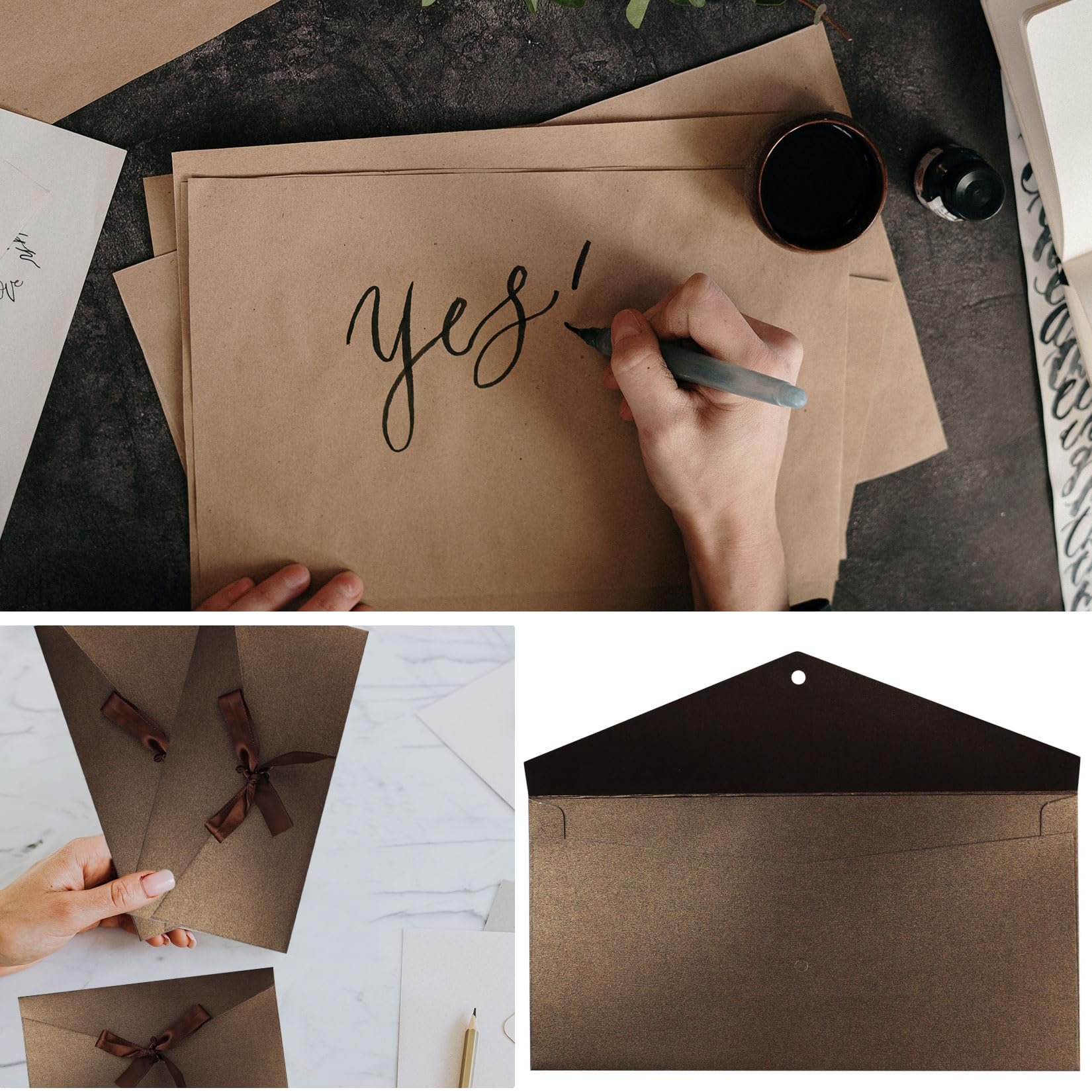 4 Pack Kraft Paper Envelopes with Ribbons, 22 * 10.9 Invitation Envelopes for Festival and Party - Dark Brown