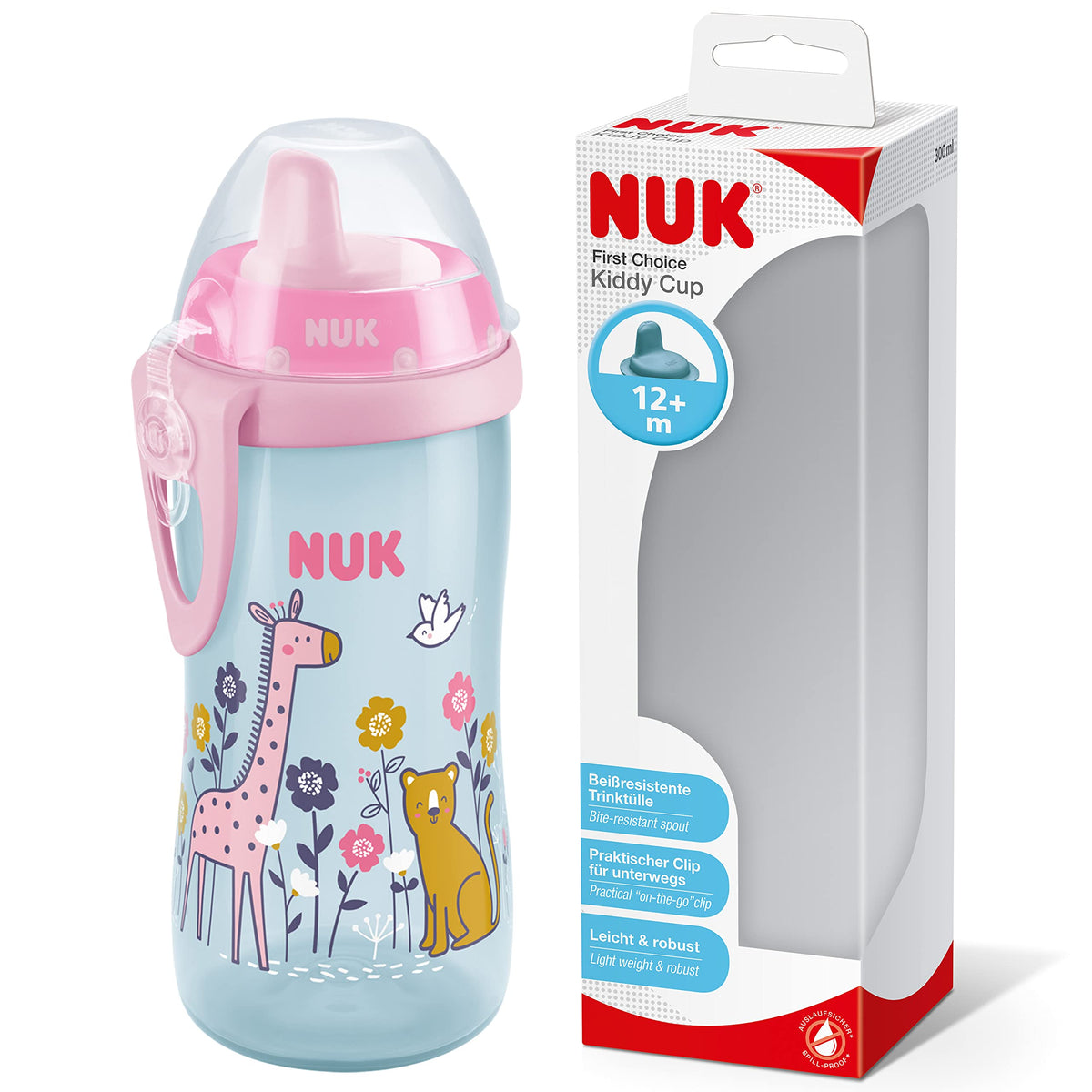 NUK Kiddy Cup Toddler Cup   12and Months   300 ml   Leak-Proof Toughened Spout   Clip & Protective Cap   BPA-Free   Pink