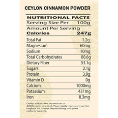 Ceylon Cinnamon Powder   Ethically Sourced 100% Authentic True Ceylon   Cinnamon Ground   Dalchini Powder   Premium Quality   Natural   Non GMO  Vegan   No additives   No Preservatives   100G