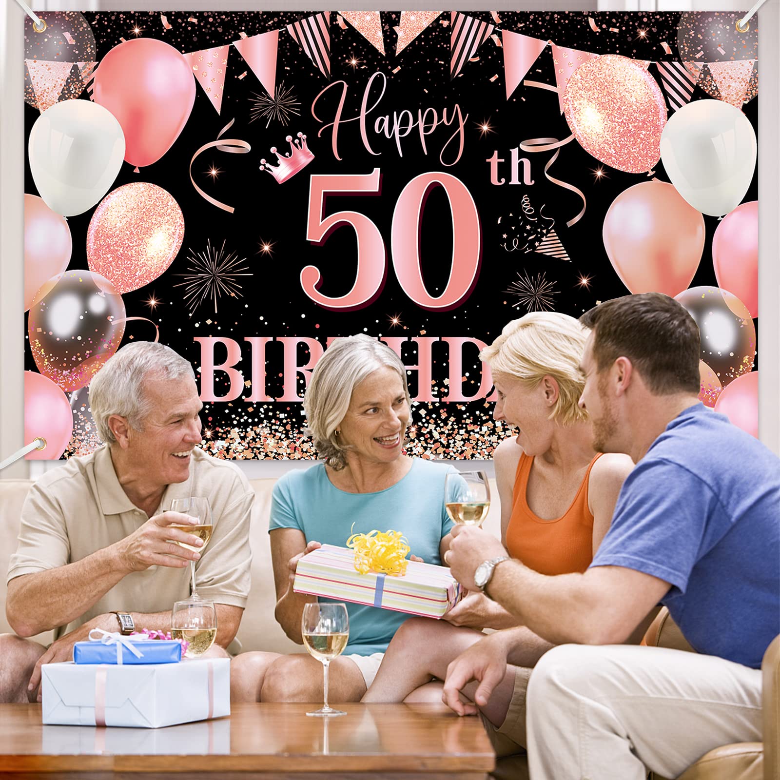 50th Birthday Backdrop Banner,BTZO Happy 50th Birthday Decorations,Rose Gold Black Fabric Photo Backdrop Background for Men and Women 50th Birthday Party,180×110cm