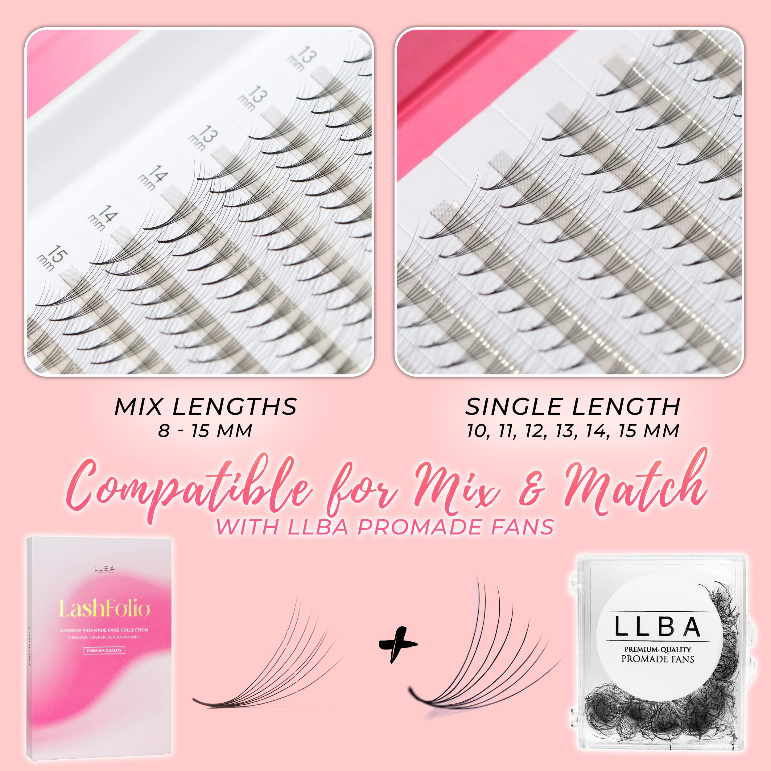 LLBA LashFolio Narrow Promade Fans   Handmade Volume Eyelashes   Multi Selections 5D~10D   C CC D Curl   Thickness 0.03~0.07mm   8-15mm Length   Long Lasting & Easy Application (5D-0.07 CC 12mm-15mm)