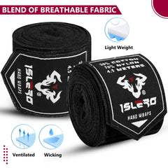 Islero 4.5m Boxing Hand Wraps Inner Gloves Elasticated Fabric Thumb Loop Bandages Straps Wrist Protection Muay Thai MMA Kickboxing Martial Arts Speed Bag Punching Training (Black)