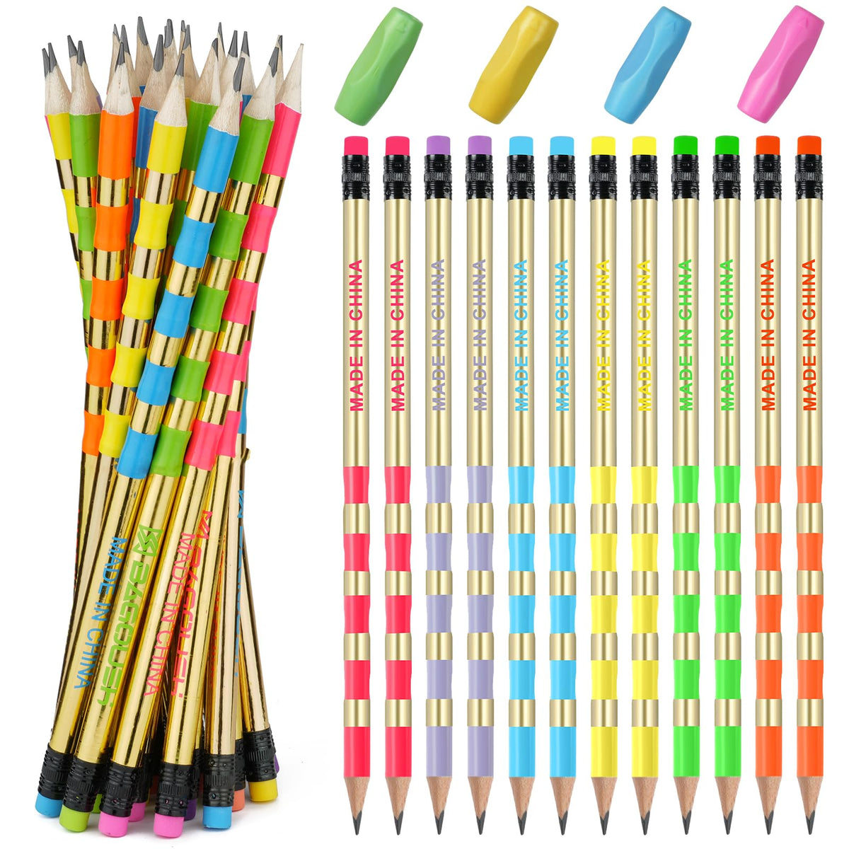 OFFCUP HB Pencils, 12pcs Pencils with Rubbers, Presharpened Pencil Writing Pencils with Rubbers on The End with 4 Pen holders, Pencil Sharpener and Rubbers for Children Handwriting and Drawing (Gourd)