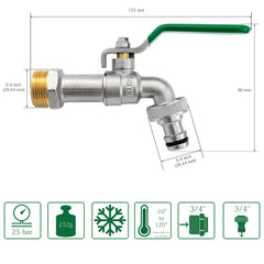 SHYNE Premium 3/4'' Inch Brass Water Tap - Rust and Frost Resistant and 1x Hose Connector and E-Book   for Garden, Washing Machine, Rain Barrel (2 Pieces)