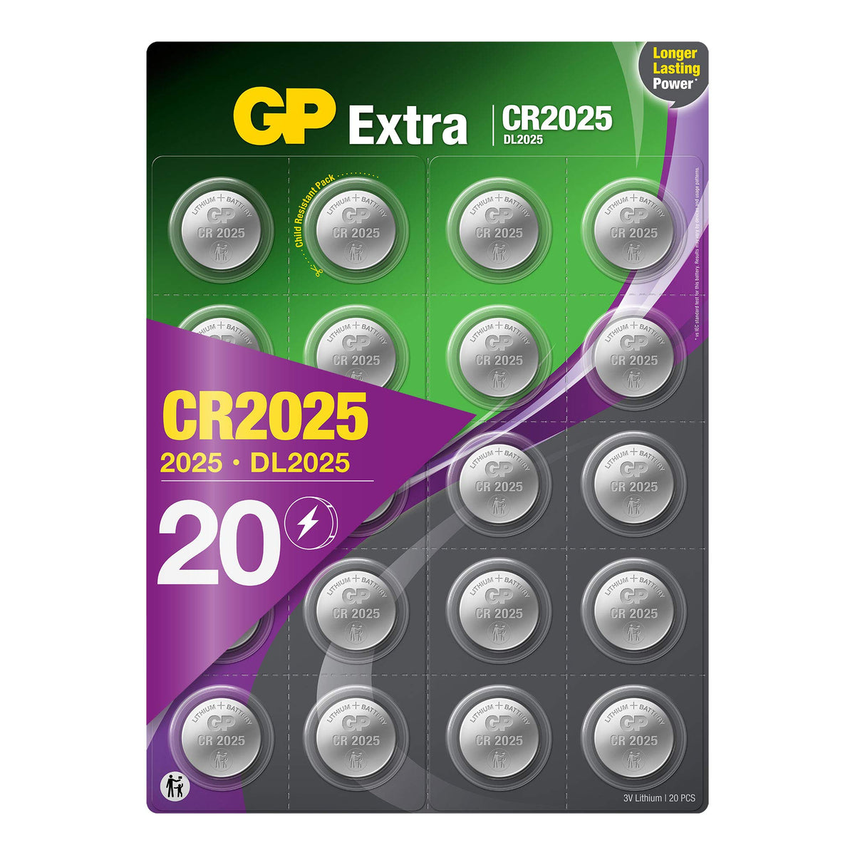 GP CR2025 3V Lithium Coin Cell Batteries 20 Pack - Flat Battery for Car Key/Key Fob Audi Mercedes Nissan - DL2025 2025 Batteries also suitable for scales/toys/heartrate monitor etc